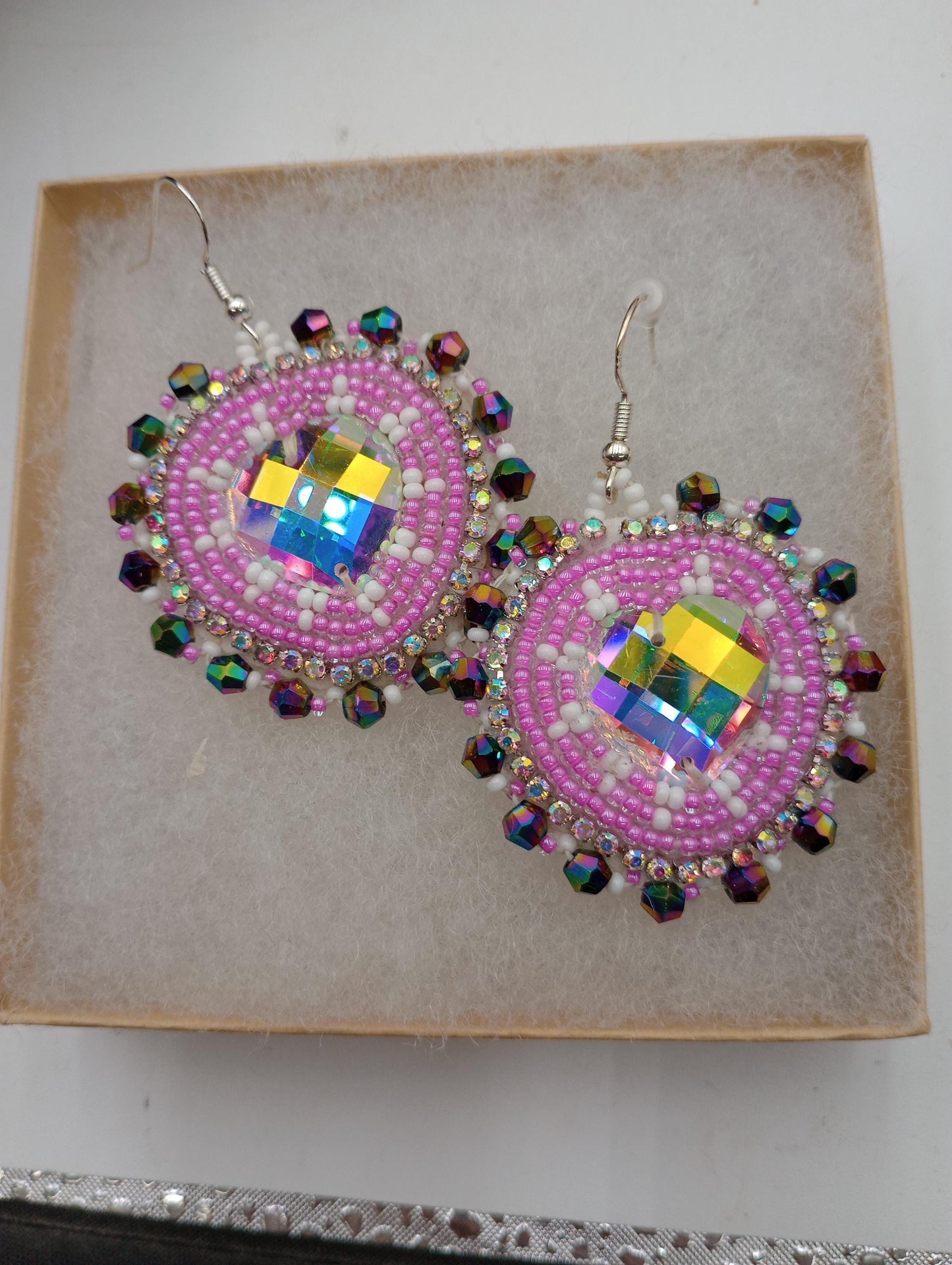 Hand Beaded Earrings: Purple and White Heart, Ojibwe Anishinaabe Design