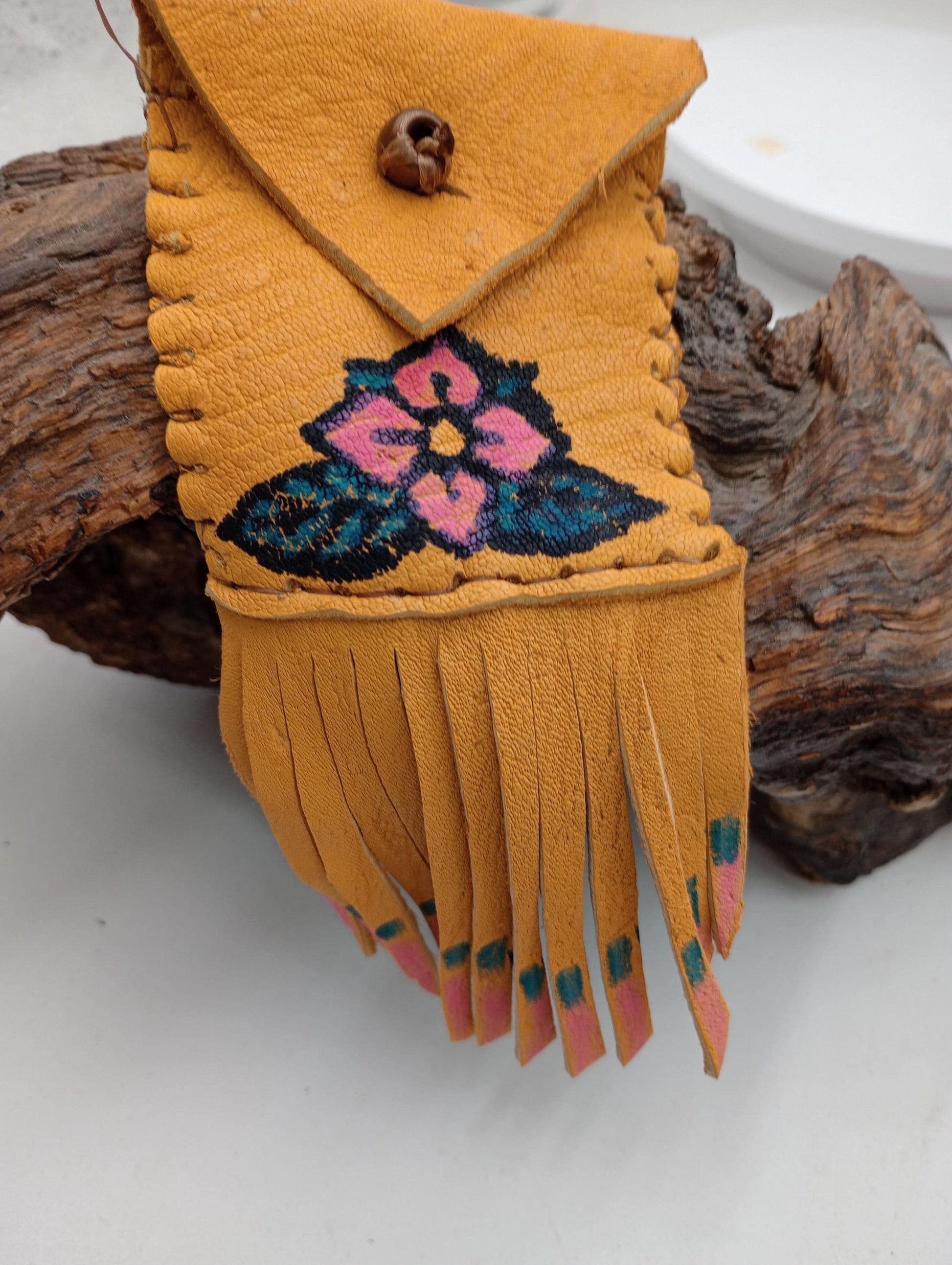 Floral Painted Leather Fringe Bag – Ojibwe Made