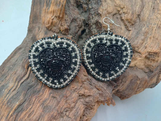 3D turtle Indigenous Beaded Heart Earrings – Black Turtle, Czech Glass