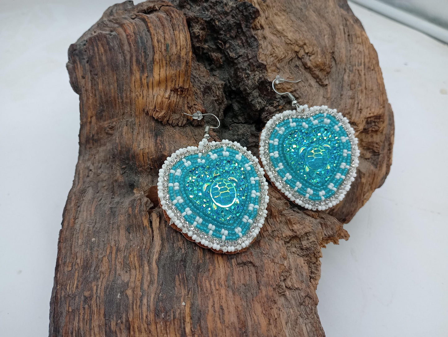 Teal Hearts Hand-Beaded Earrings - Ojibwe/Anishinaabe Made - Free Shipping