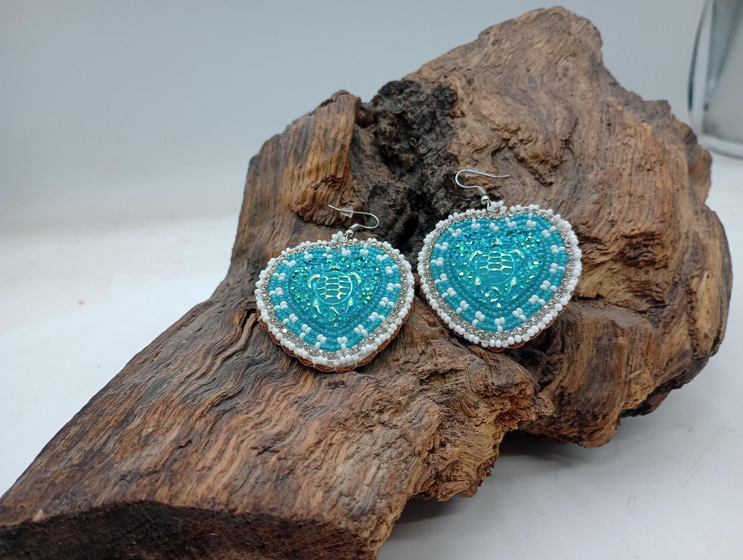 Teal Hearts Hand-Beaded Earrings - Ojibwe/Anishinaabe Made - Free Shipping