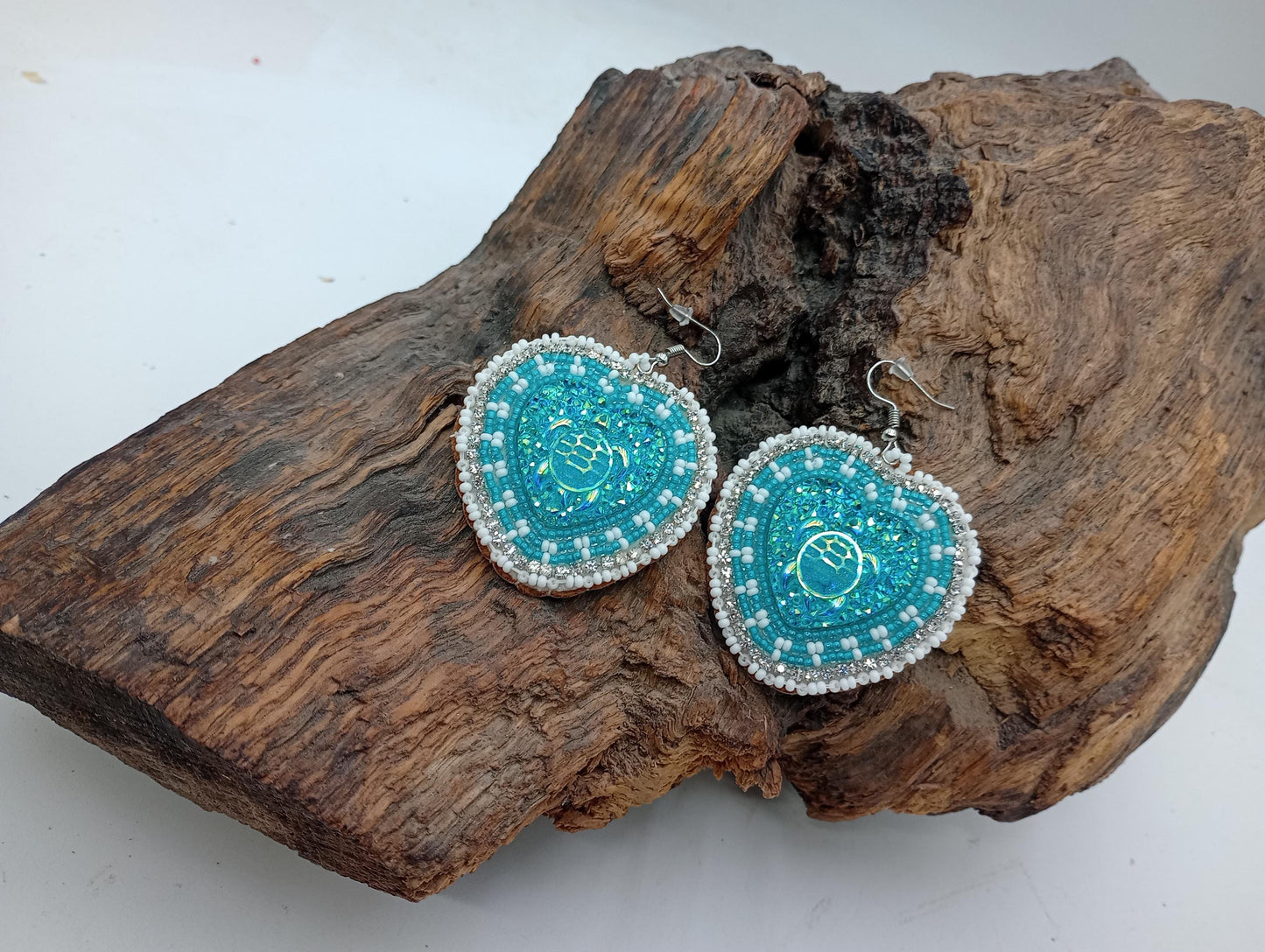 Teal Hearts Hand-Beaded Earrings - Ojibwe/Anishinaabe Made - Free Shipping