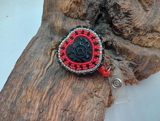 Hand Beaded Turtle Heart Badge: Ojibwe Anishinaabe Beadwork