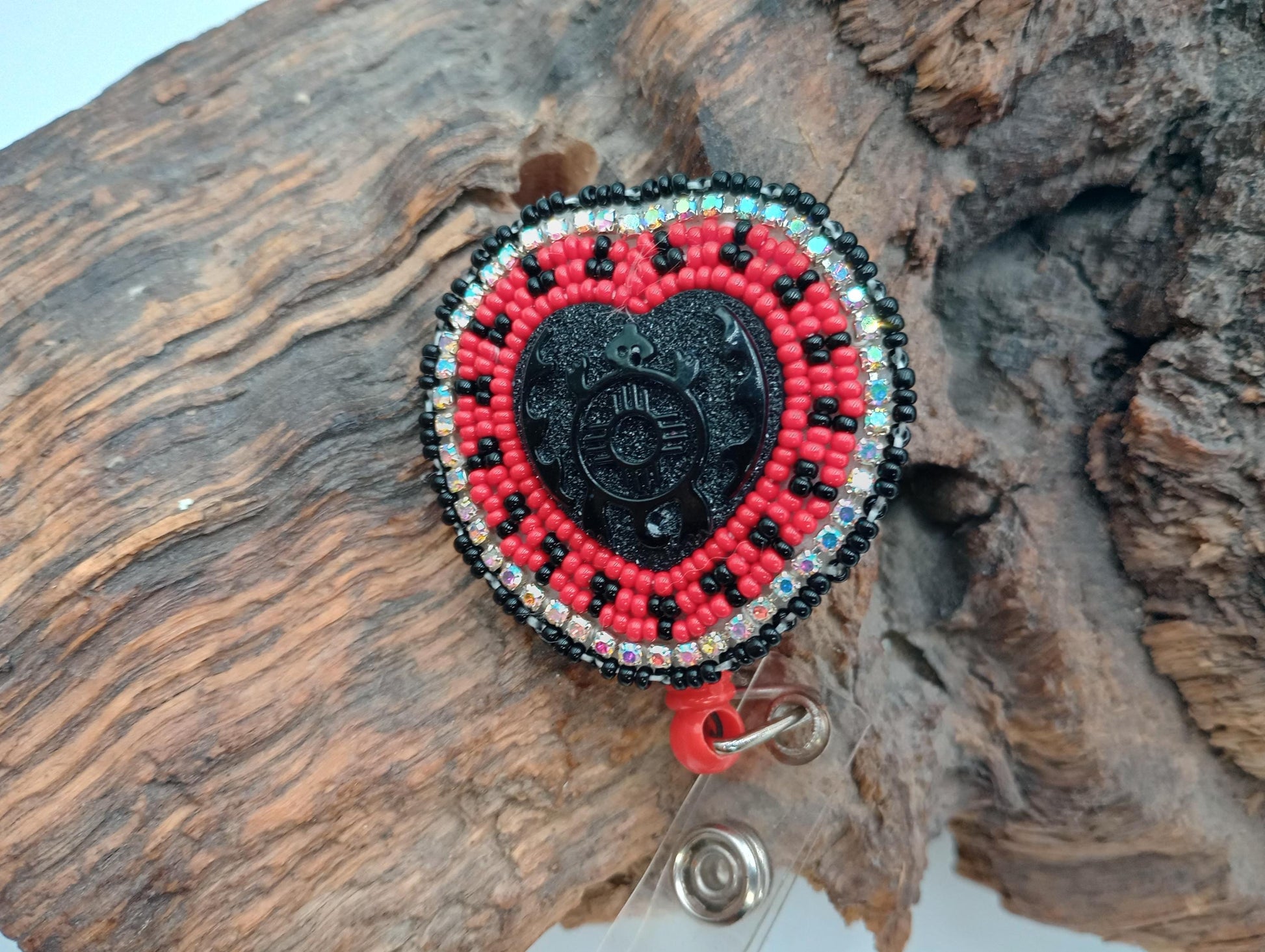 Hand Beaded Turtle Heart Badge: Ojibwe Anishinaabe Beadwork