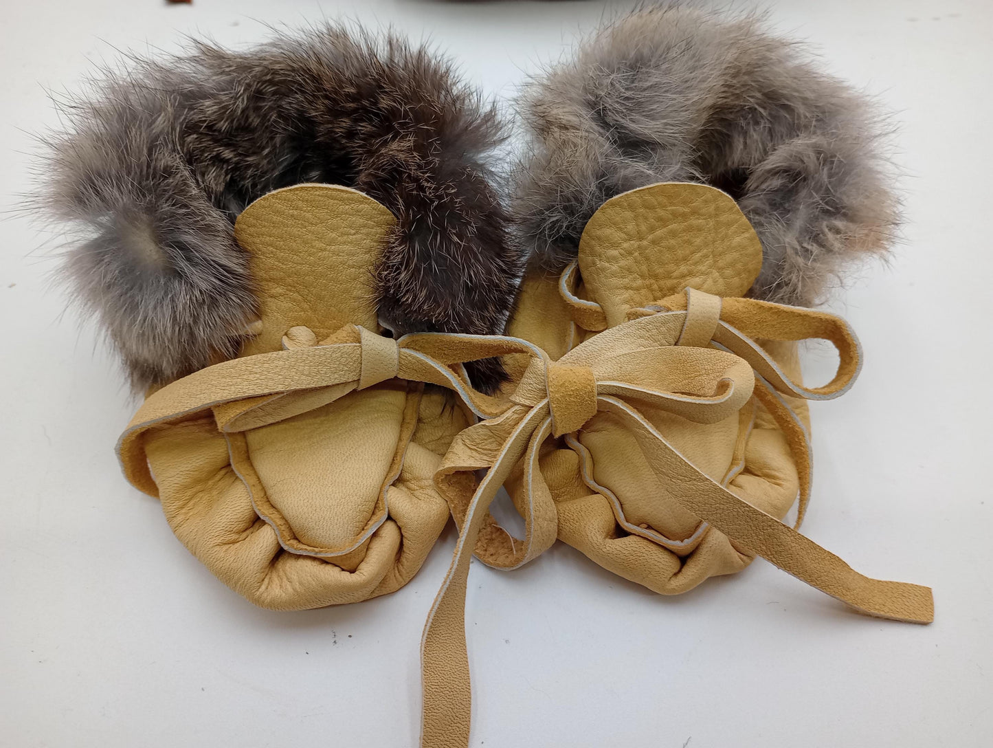 Leather Baby Moccasins with Rabbit Fur Trim - Ojibwe/Anishinaabe Made - Free Shipping