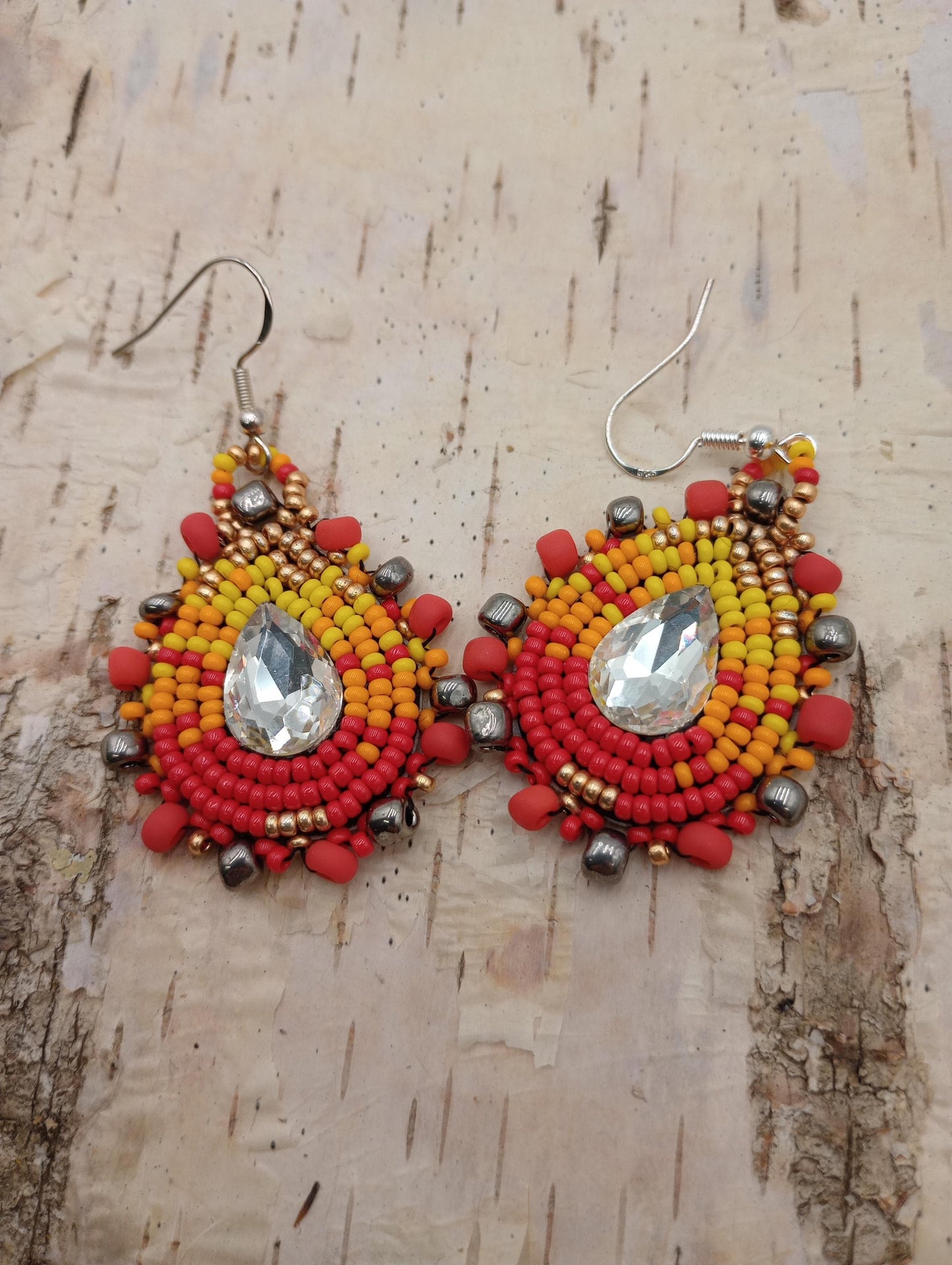 Hand-Beaded Teardrop Earrings – Fire Colors, Ojibwe Made