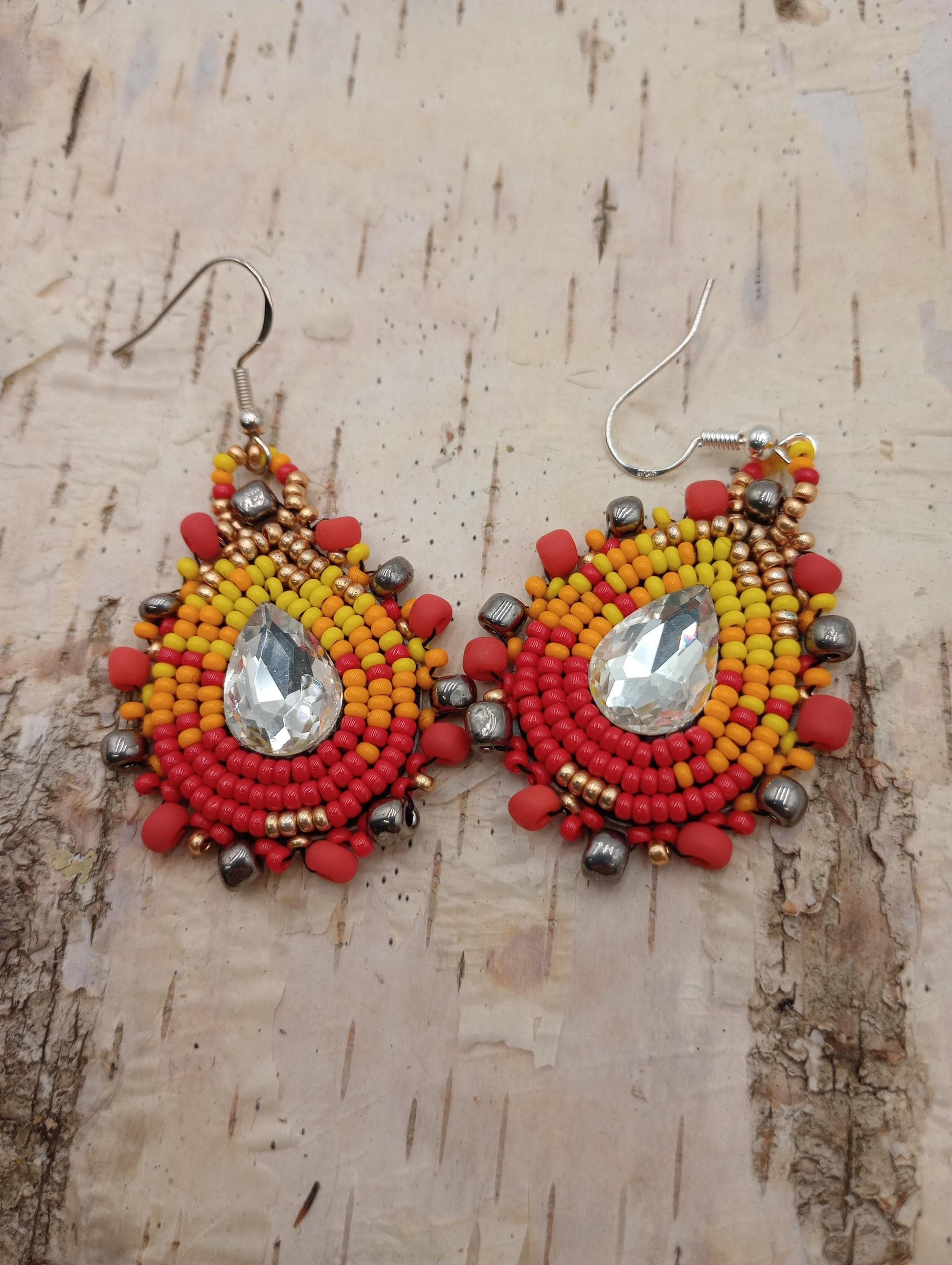Hand-Beaded Teardrop Earrings – Fire Colors, Ojibwe Made