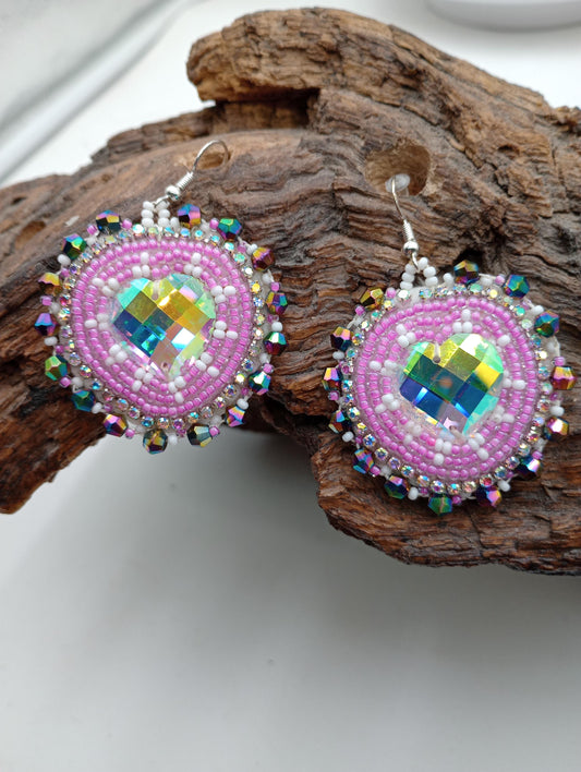 Hand Beaded Earrings: Purple and White Heart, Ojibwe Anishinaabe Design