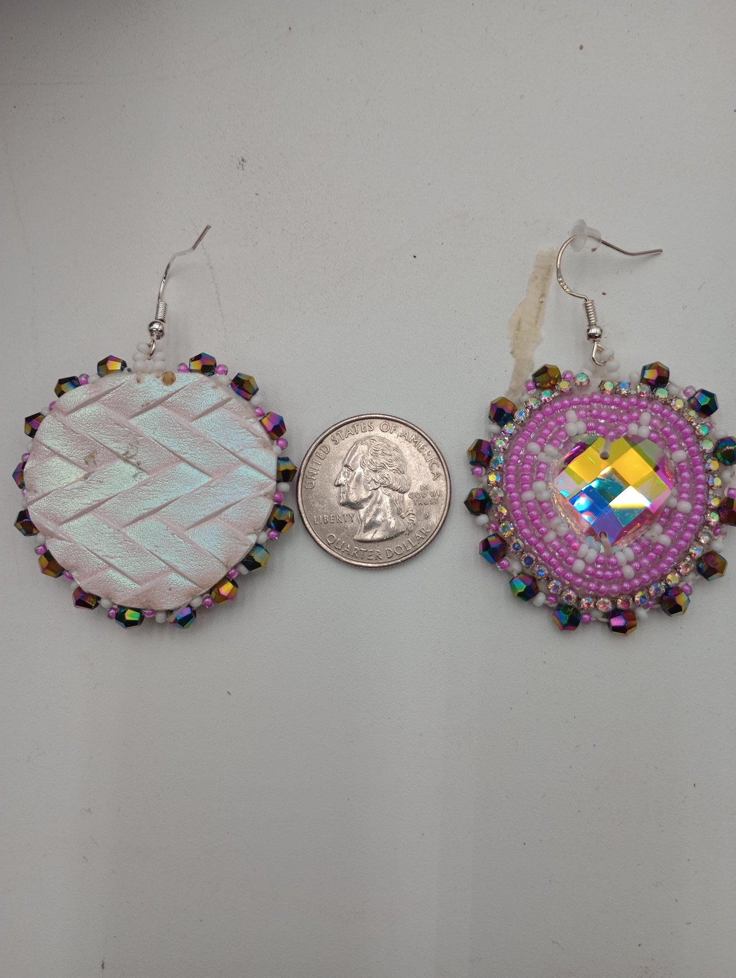 Hand Beaded Earrings: Purple and White Heart, Ojibwe Anishinaabe Design