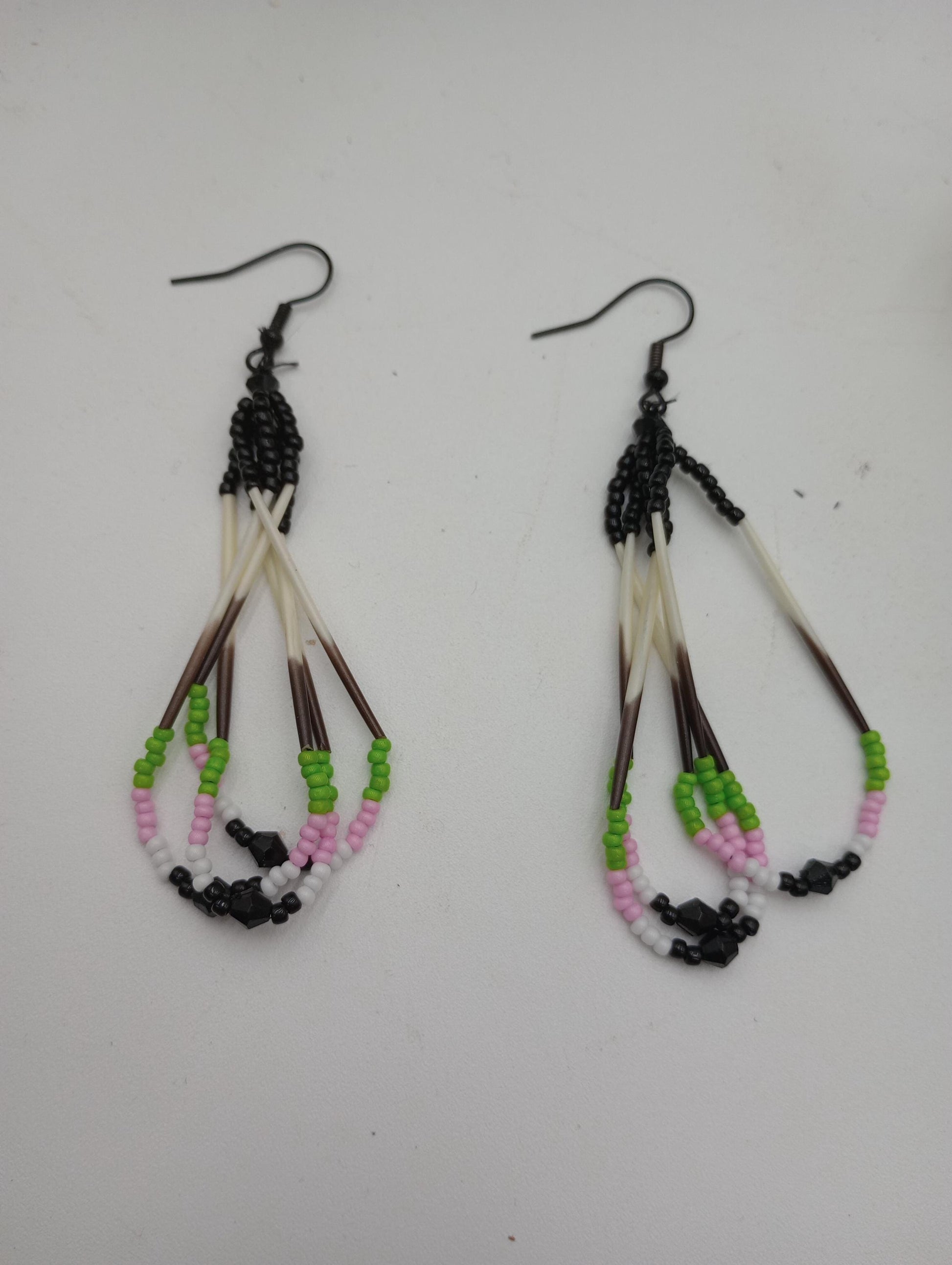 Handcrafted Porcupine Quill Earrings: Beaded Dangle, Anishinaabe/Ojibwe Made