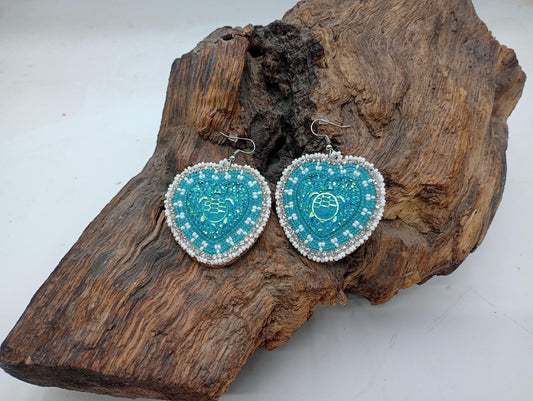 Teal Hearts Hand-Beaded Earrings - Ojibwe/Anishinaabe Made - Free Shipping