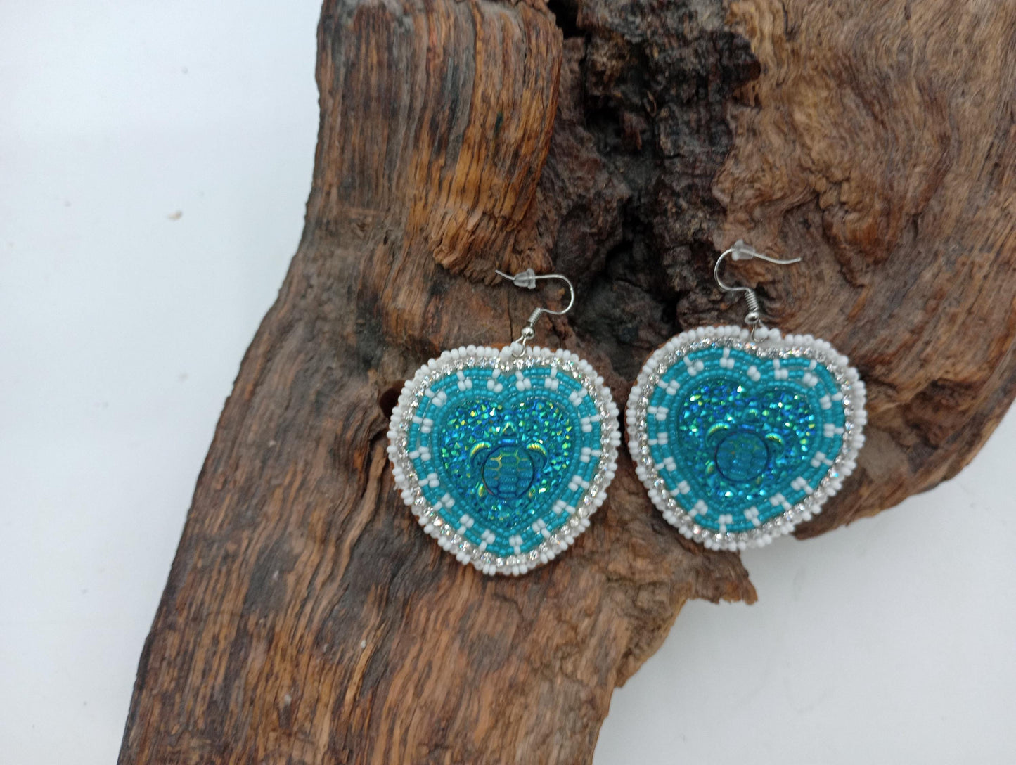 Teal Hearts Hand-Beaded Earrings - Ojibwe/Anishinaabe Made - Free Shipping