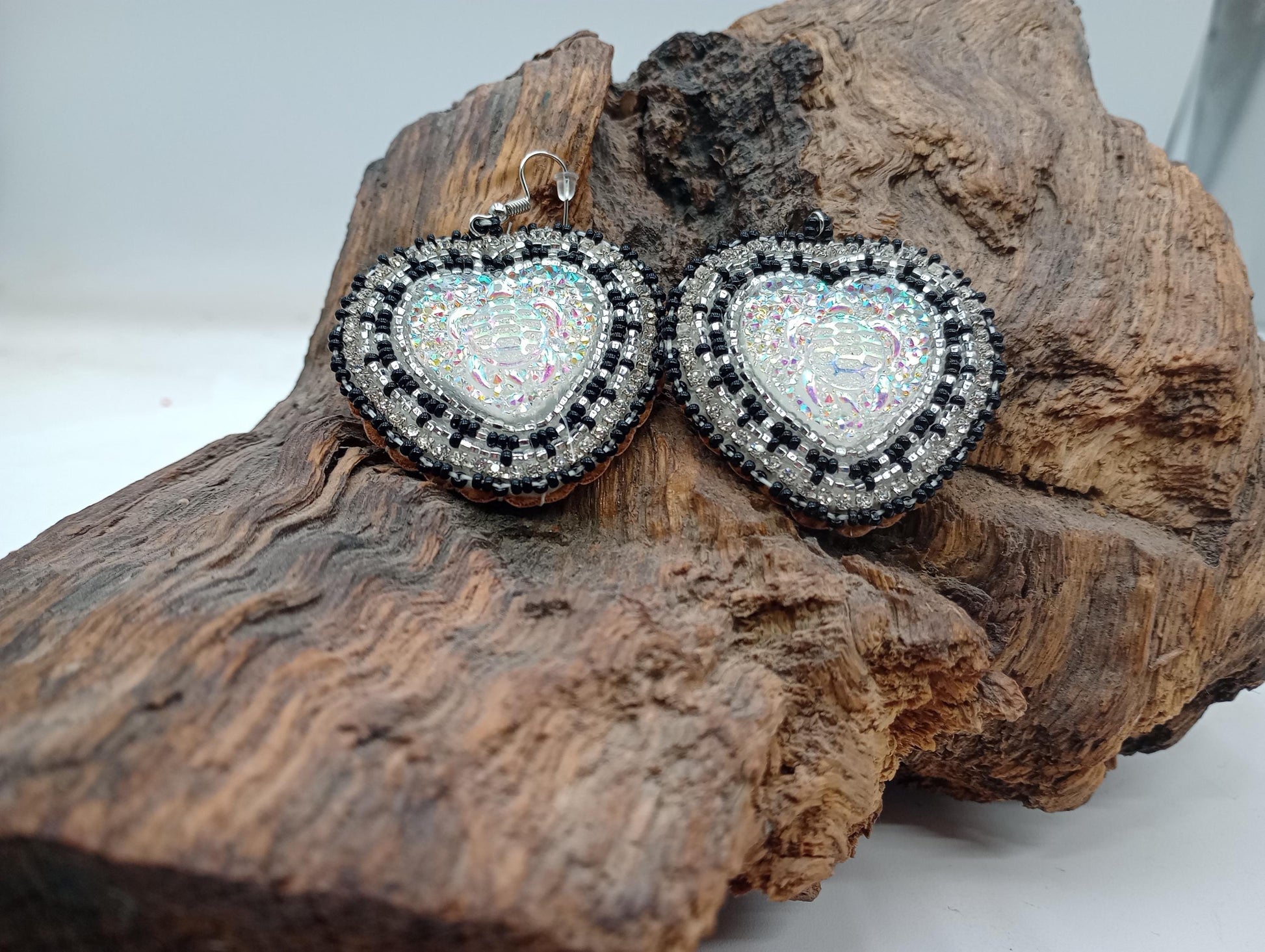 Hand Beaded Heart Earrings - Authentic Anishinaabe Beadwork