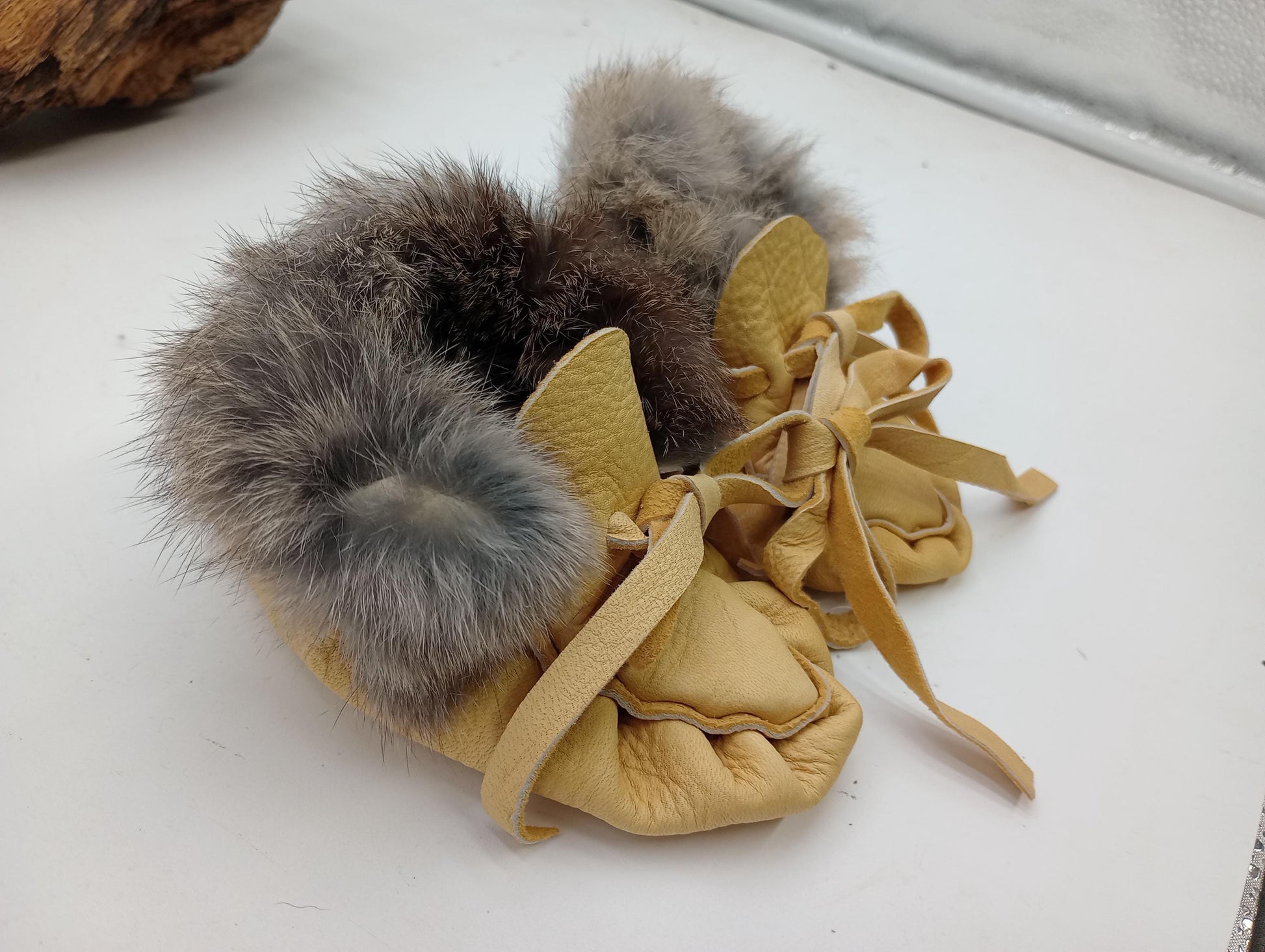 Leather Baby Moccasins with Rabbit Fur Trim - Ojibwe/Anishinaabe Made - Free Shipping