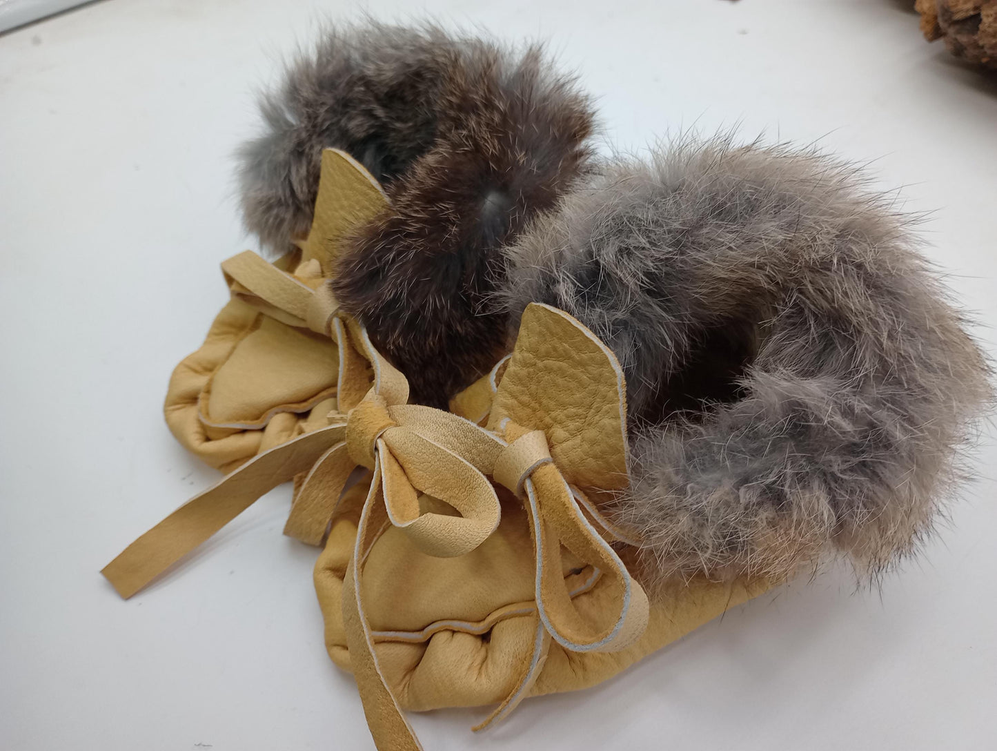 Leather Baby Moccasins with Rabbit Fur Trim - Ojibwe/Anishinaabe Made - Free Shipping