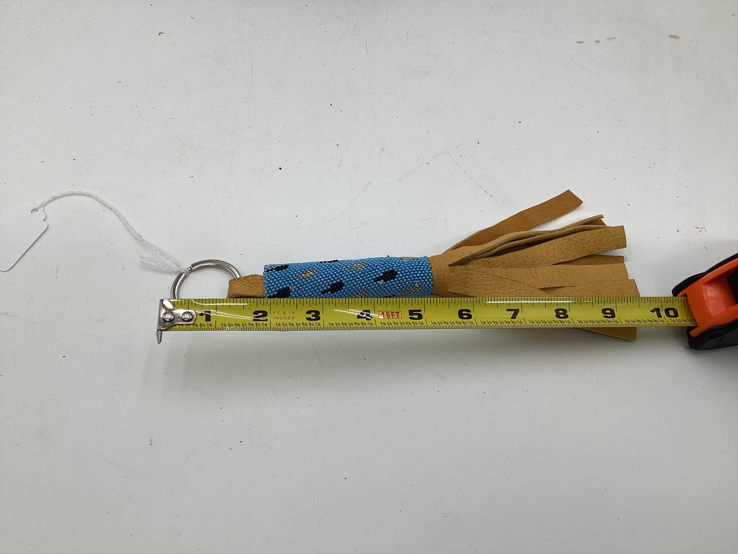 Peyote Stitch Beaded Leather Keychain with Simple Feather Design - Authentic Ojibwe/Anishinaabe Beadwork - Free Shipping