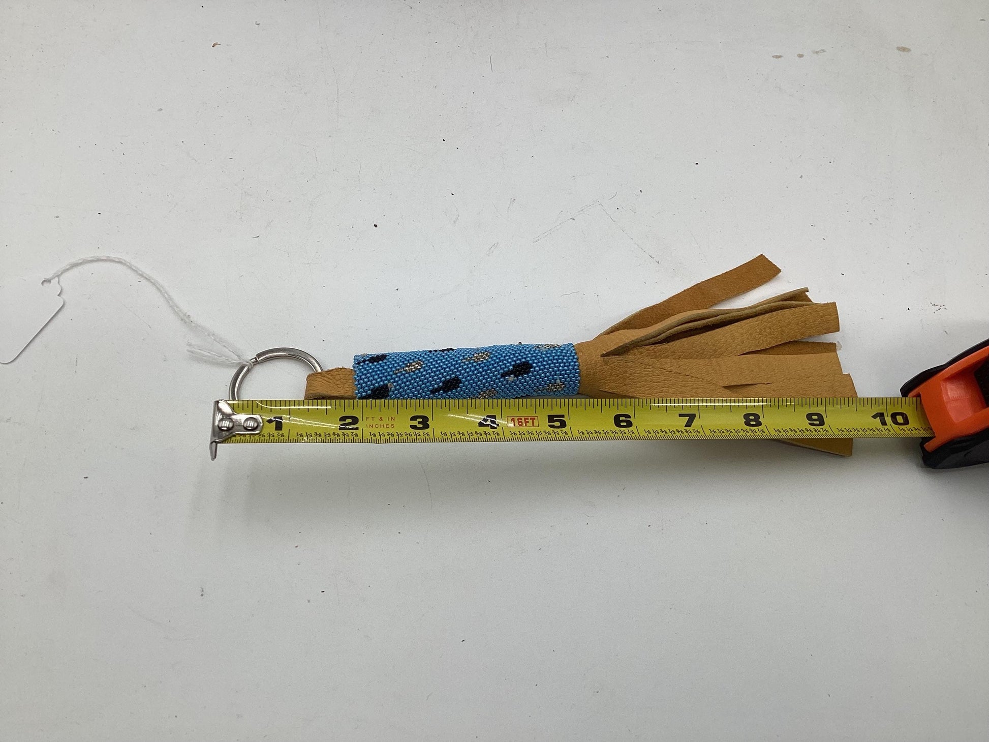 Peyote Stitch Beaded Leather Keychain with Simple Feather Design - Authentic Ojibwe/Anishinaabe Beadwork - Free Shipping