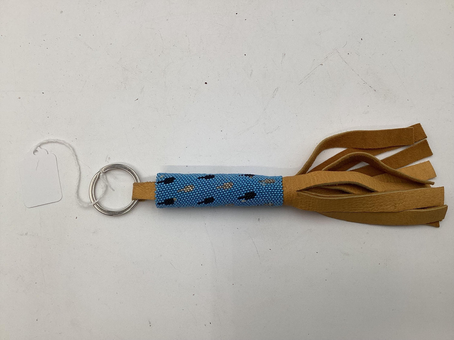 Peyote Stitch Beaded Leather Keychain with Simple Feather Design - Authentic Ojibwe/Anishinaabe Beadwork - Free Shipping