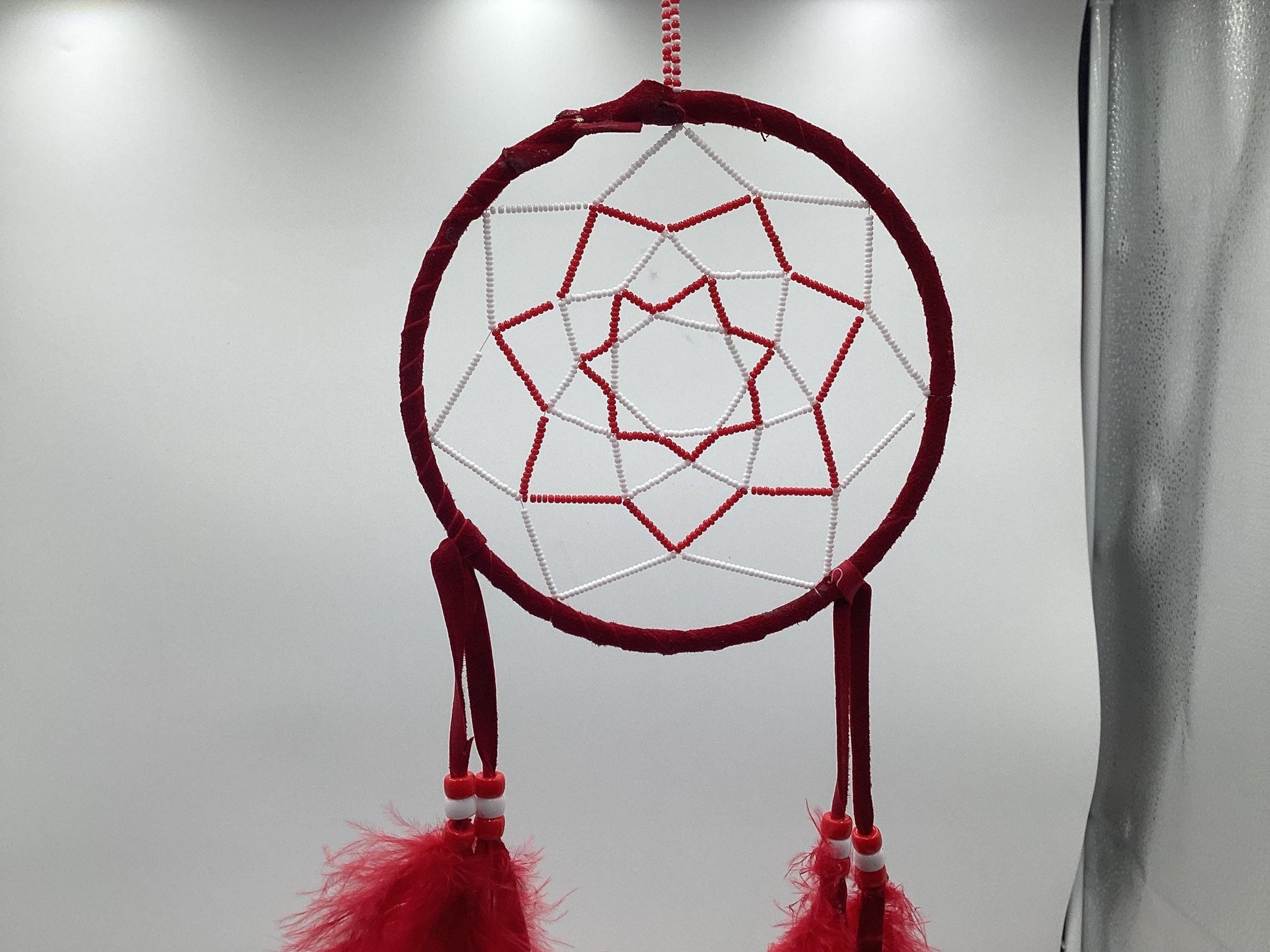 Authentic Anishinaabe/Ojibwe Red Beaded Web Dreamcatcher - Free Shipping