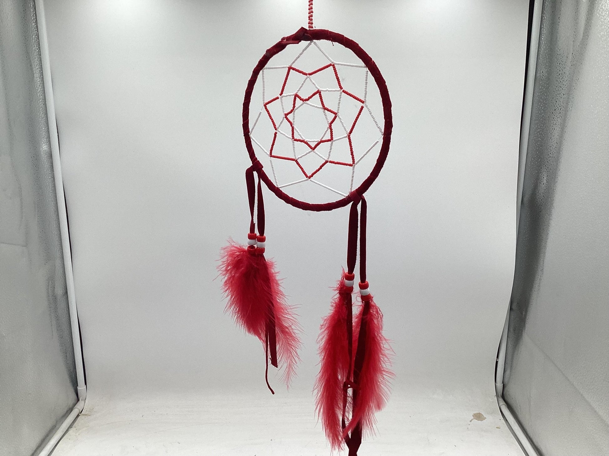 Authentic Anishinaabe/Ojibwe Red Beaded Web Dreamcatcher - Free Shipping