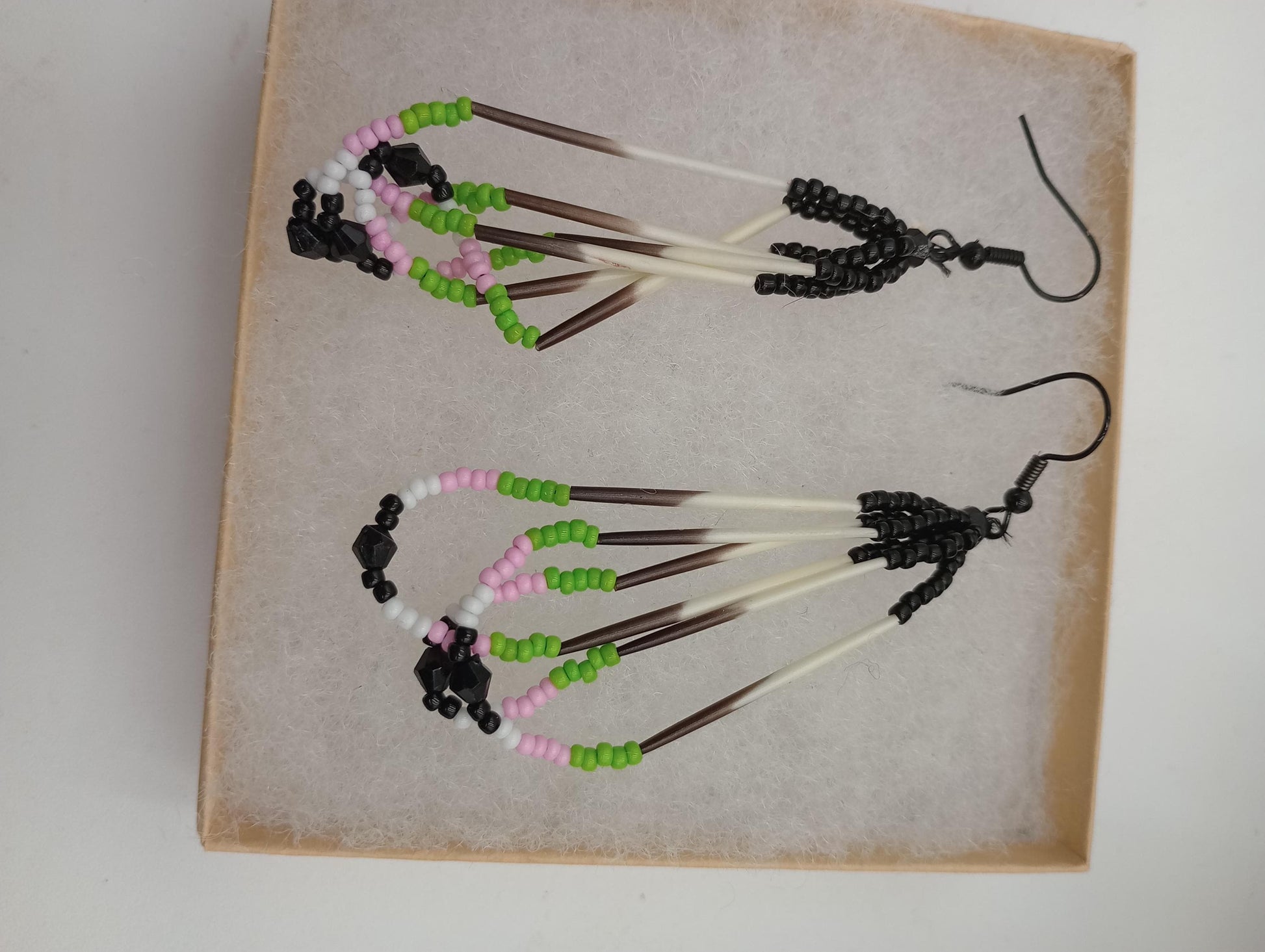 Handcrafted Porcupine Quill Earrings: Beaded Dangle, Anishinaabe/Ojibwe Made