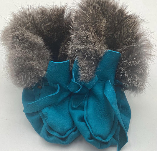 Handmade Baby Leather Blue Moccasins – Ojibwe Anishinaabe Pucker Toe Style