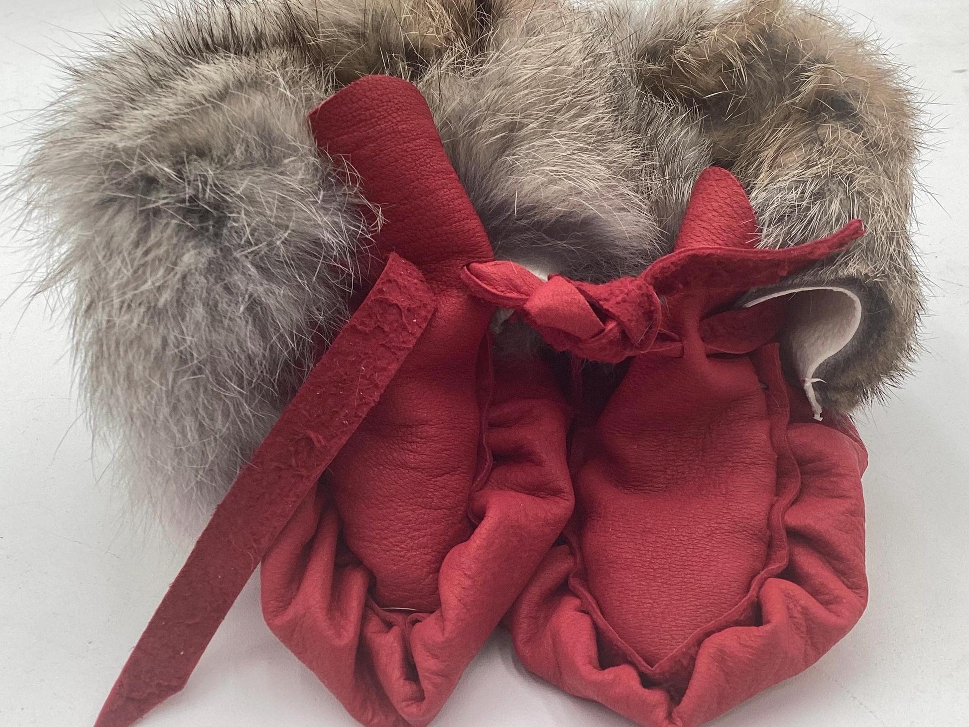 Handmade Baby Leather Red Moccasins – Ojibwe Anishinaabe Pucker Toe Style