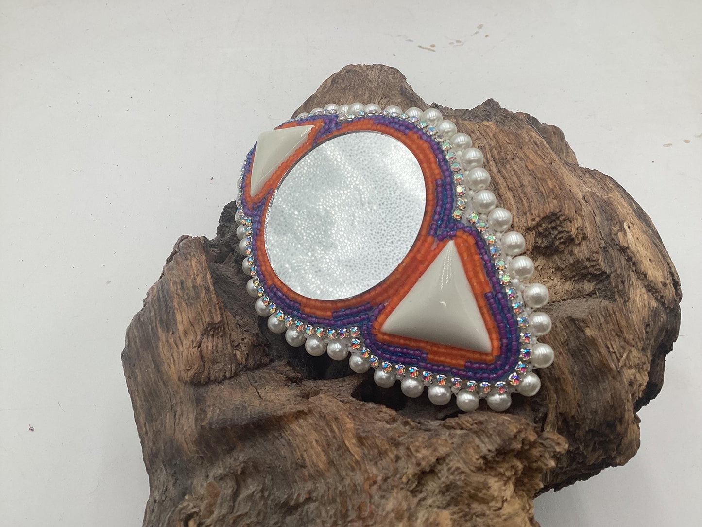 Hand Beaded and Quilled Hair Stick Barrette with Mirror Center - Ojibwe/Anishinaabe Beadwork
