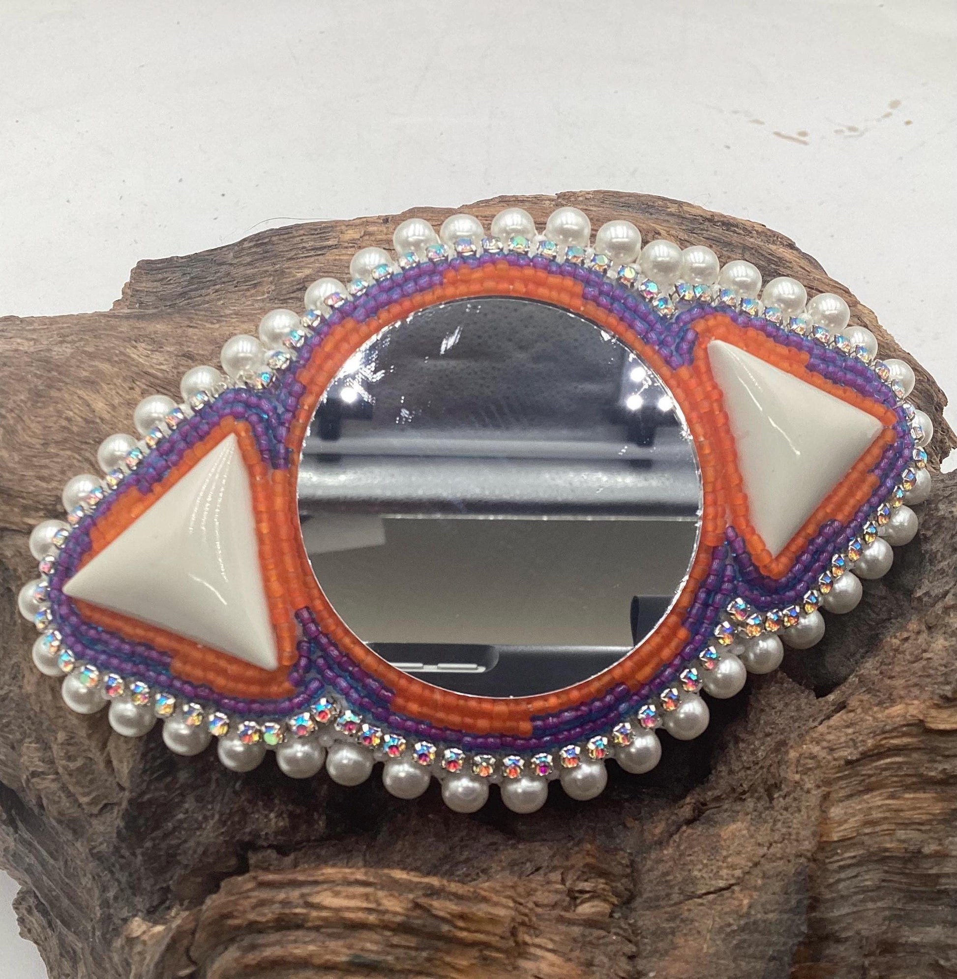 Hand Beaded and Quilled Hair Stick Barrette with Mirror Center - Ojibwe/Anishinaabe Beadwork