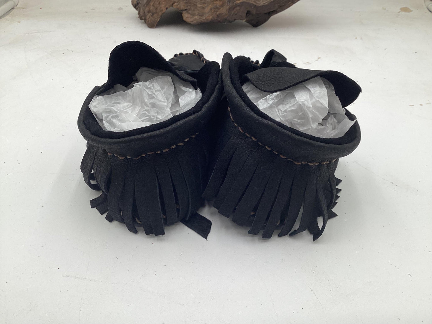 Handmade Black Leather Moccasins – Anishinaabe/Ojibwe Artisan, Size 7/8