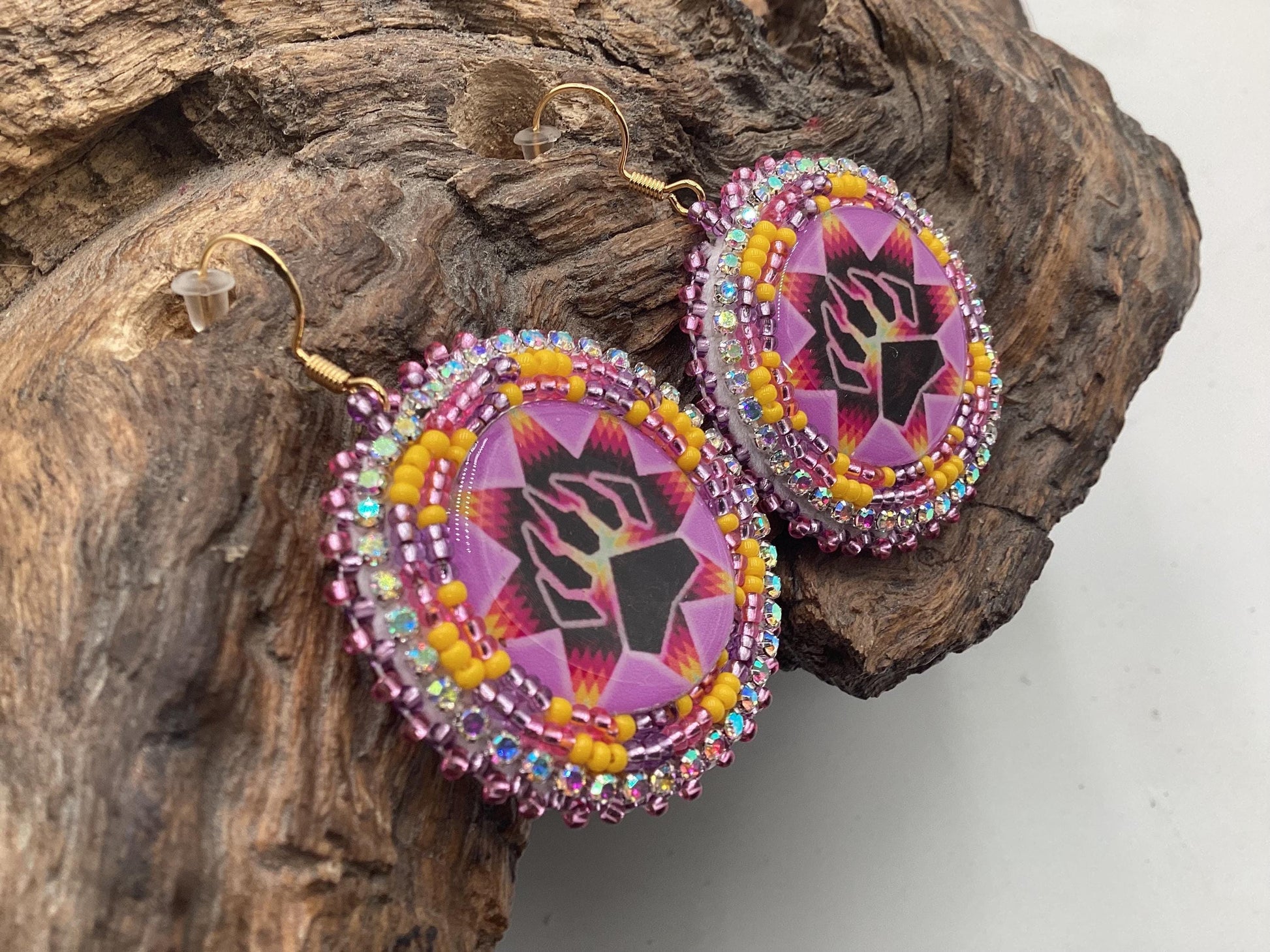 Pink Bear Claw Hand Beaded Earrings: Anishinaabe/Ojibwe Beadwork