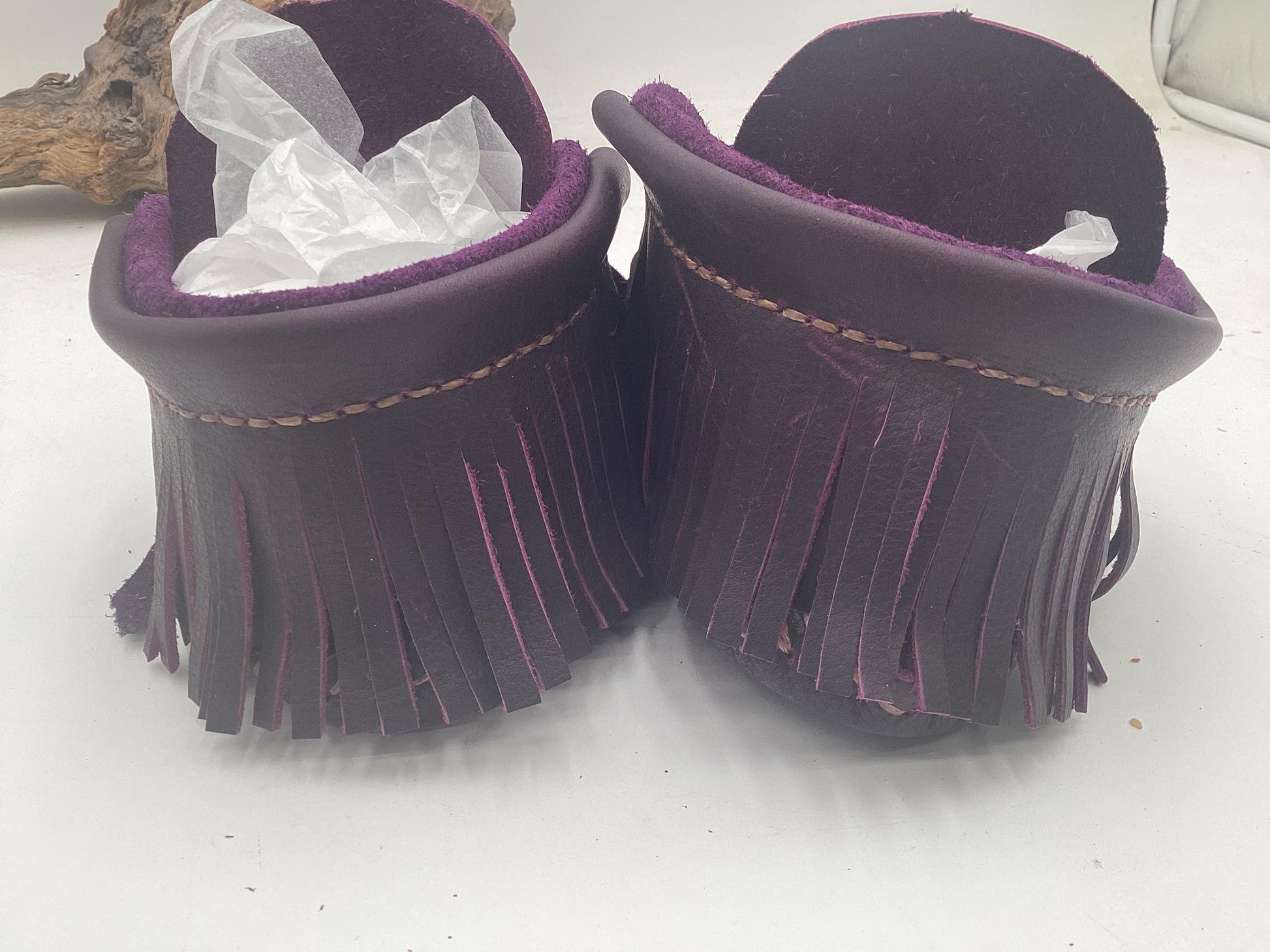 Handmade Purple Leather Moccasins – Anishinaabe/Ojibwe Artisan, Size 10/11