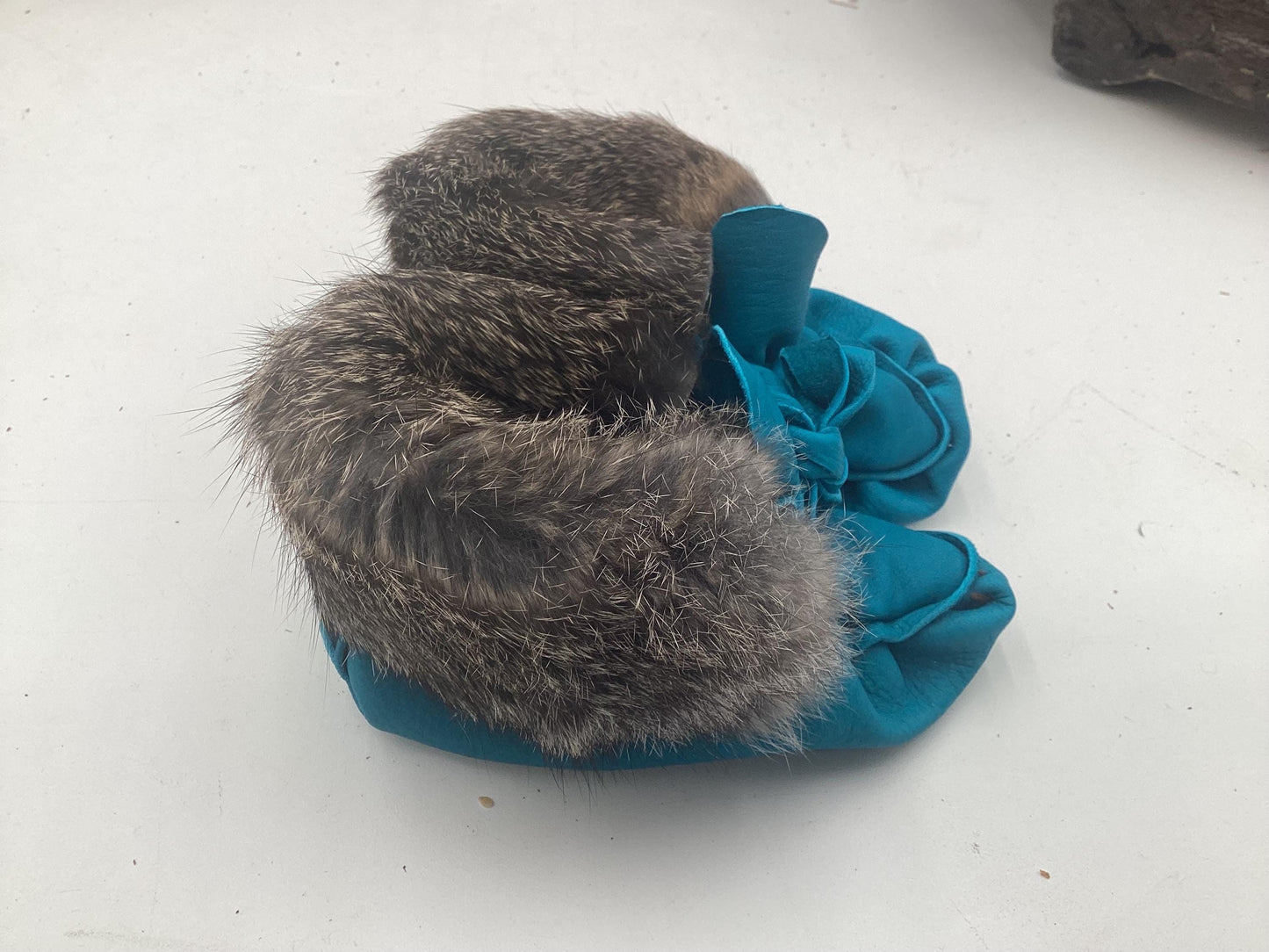 Handmade Baby Leather Blue Moccasins – Ojibwe Anishinaabe Pucker Toe Style