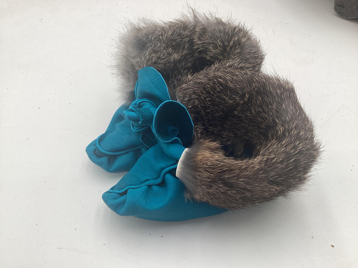 Handmade Baby Leather Blue Moccasins – Ojibwe Anishinaabe Pucker Toe Style