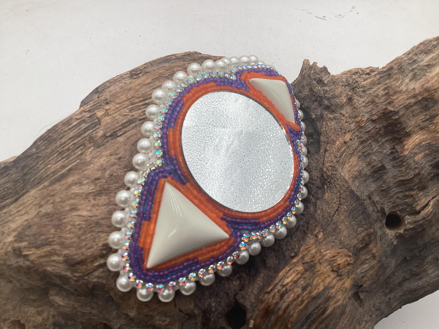 Hand Beaded and Quilled Hair Stick Barrette with Mirror Center - Ojibwe/Anishinaabe Beadwork