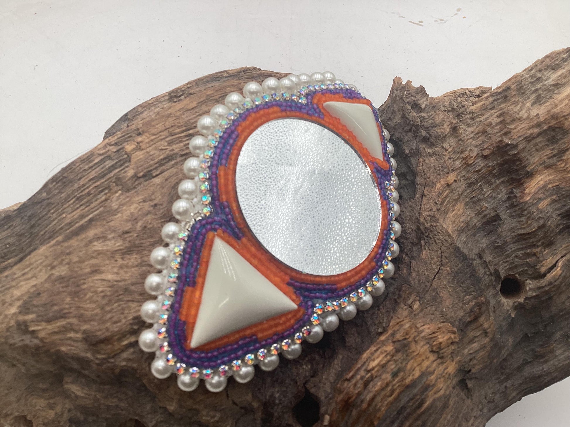 Hand Beaded and Quilled Hair Stick Barrette with Mirror Center - Ojibwe/Anishinaabe Beadwork