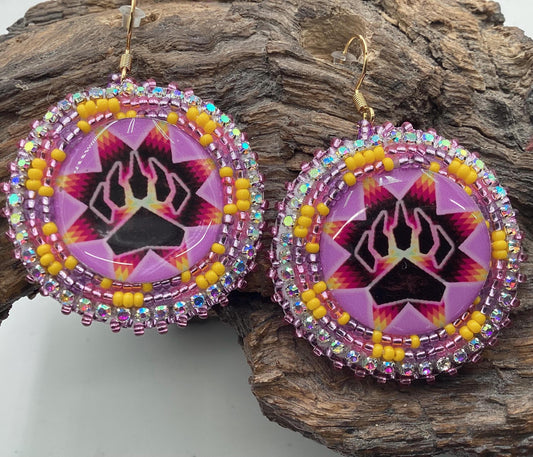 Pink Bear Claw Hand Beaded Earrings: Anishinaabe/Ojibwe Beadwork
