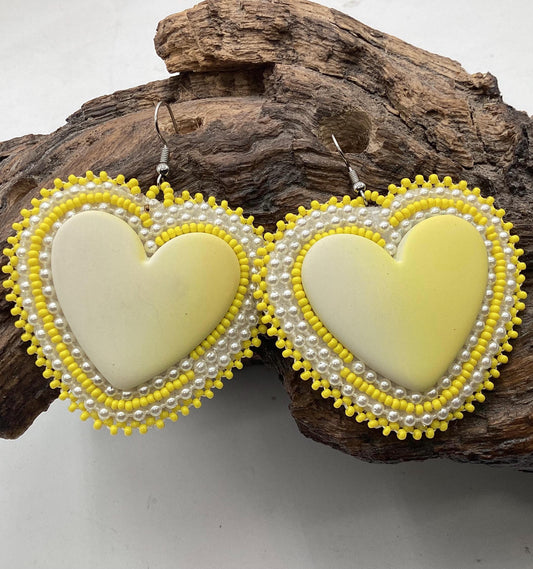 Hand Beaded Yellow Heart Earrings: Anishinaabe Ojibwe Beadwork