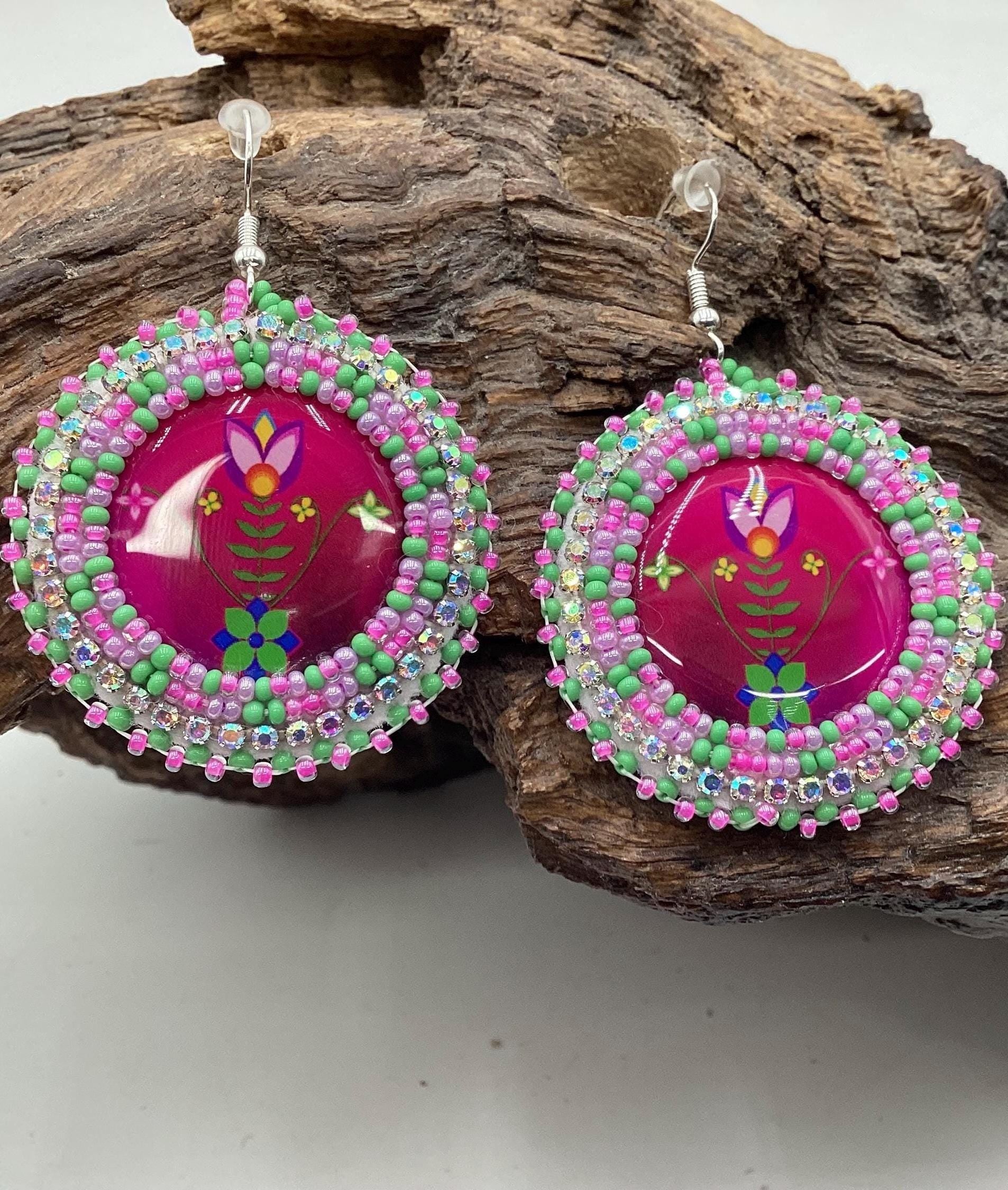 Hand Beaded Floral Earrings: Anishinaabe/Ojibwe Beadwork