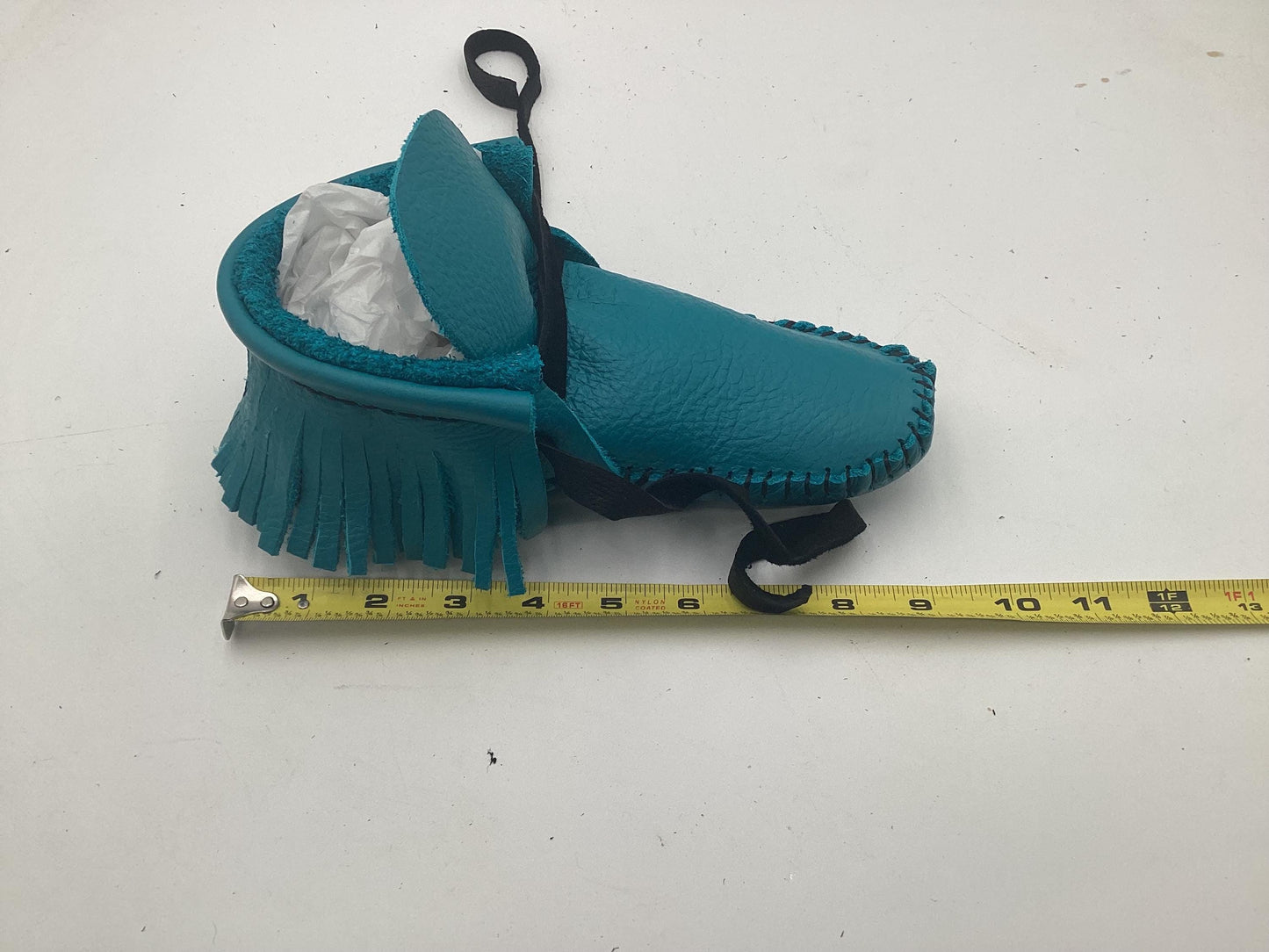 Handmade Blue Leather Moccasins – Anishinaabe/Ojibwe Artisan, Size 10/11
