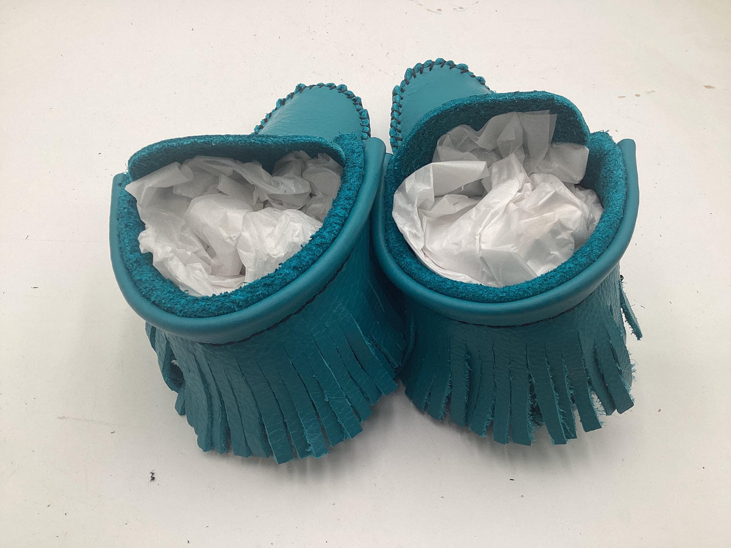Handmade Blue Leather Moccasins – Anishinaabe/Ojibwe Artisan, Size 10/11