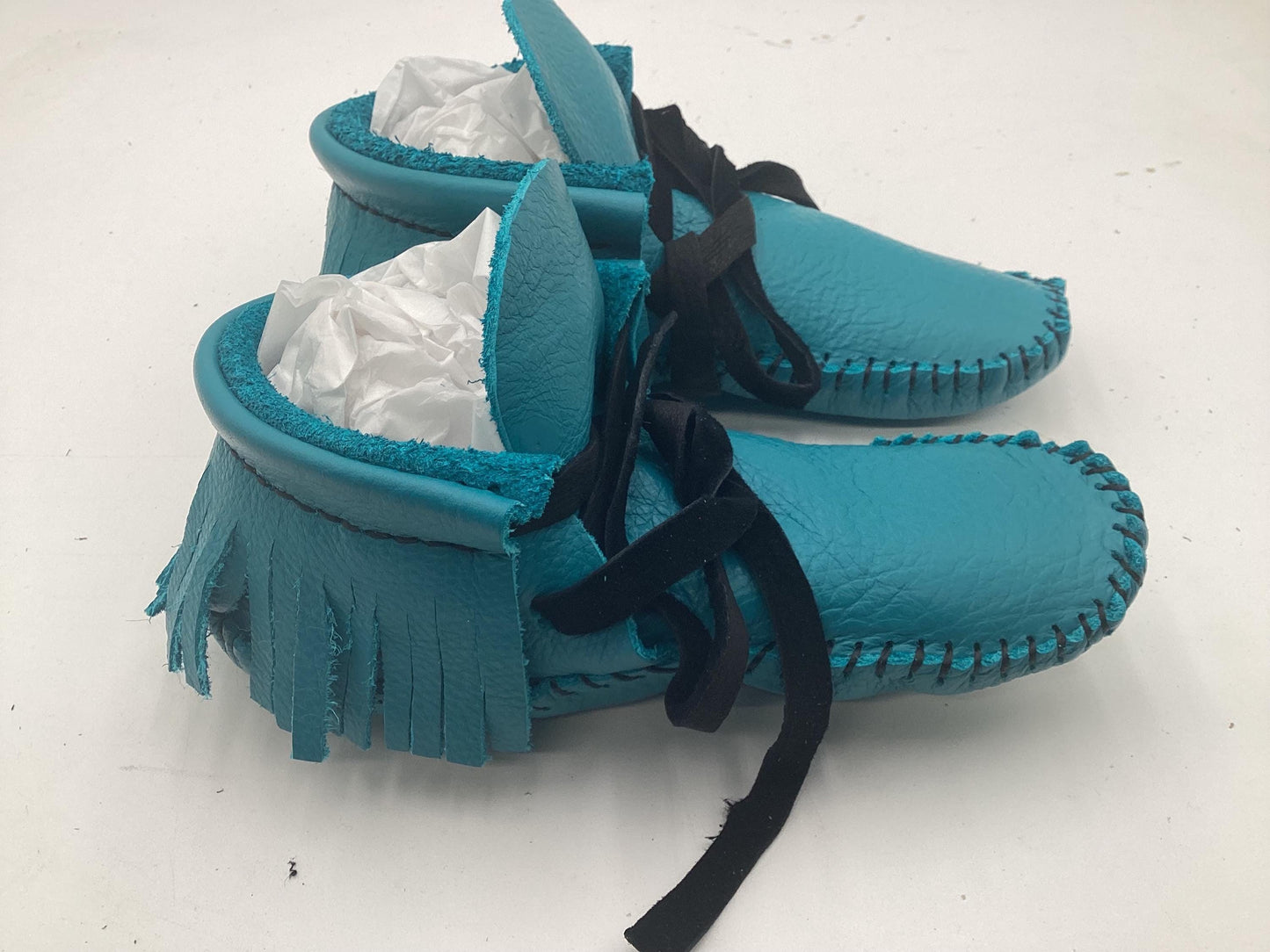 Handmade Blue Leather Moccasins – Anishinaabe/Ojibwe Artisan, Size 10/11