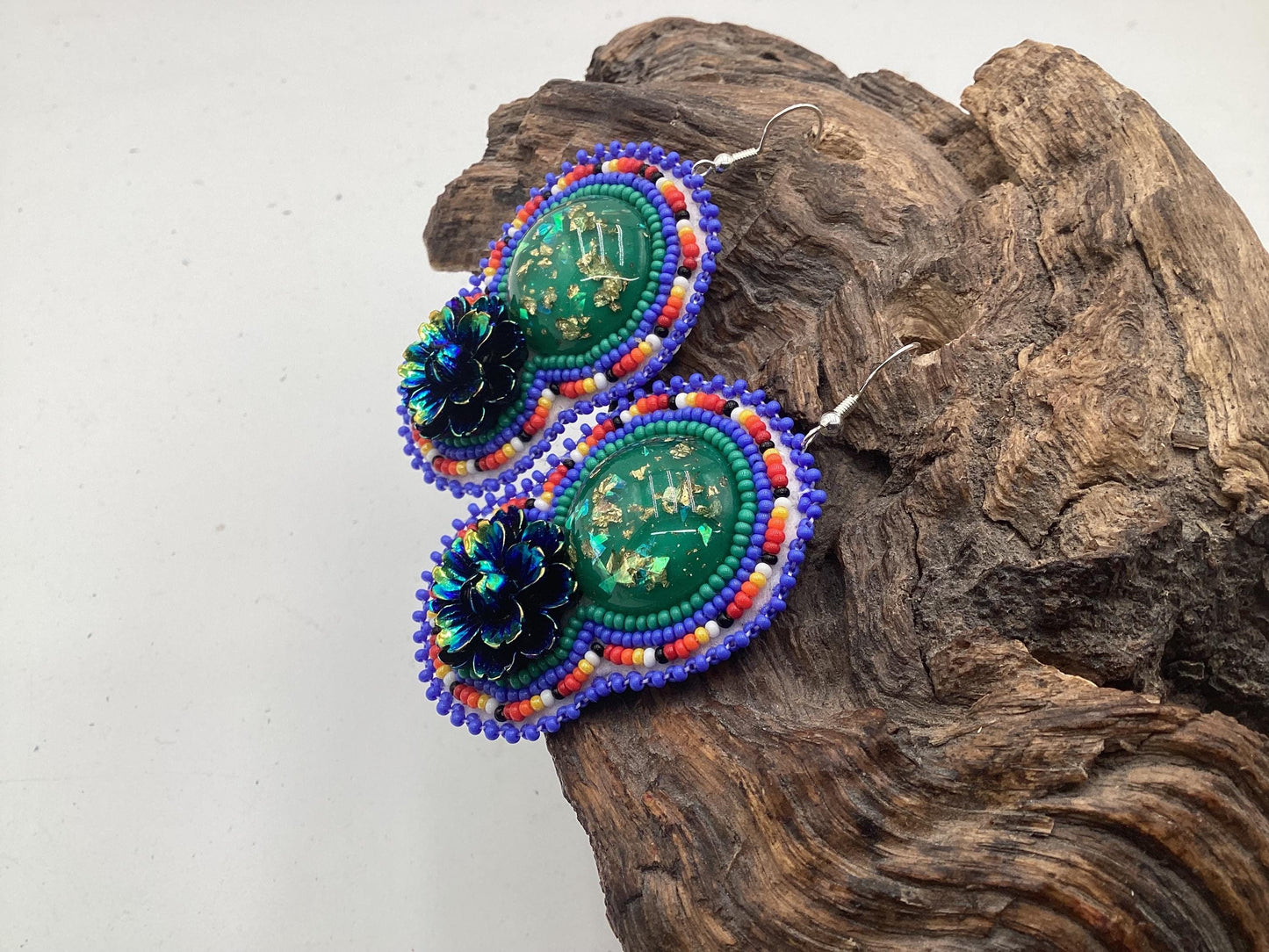 Hand Beaded Double-Centered Flower Earrings: Anishinaabe/Ojibwe Beadwork