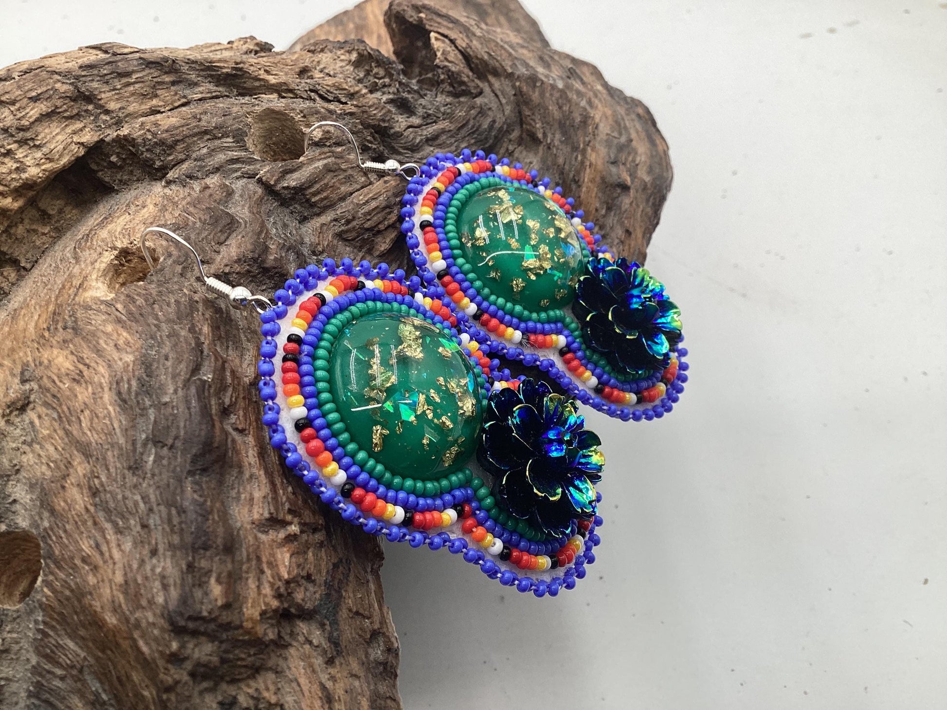Hand Beaded Double-Centered Flower Earrings: Anishinaabe/Ojibwe Beadwork