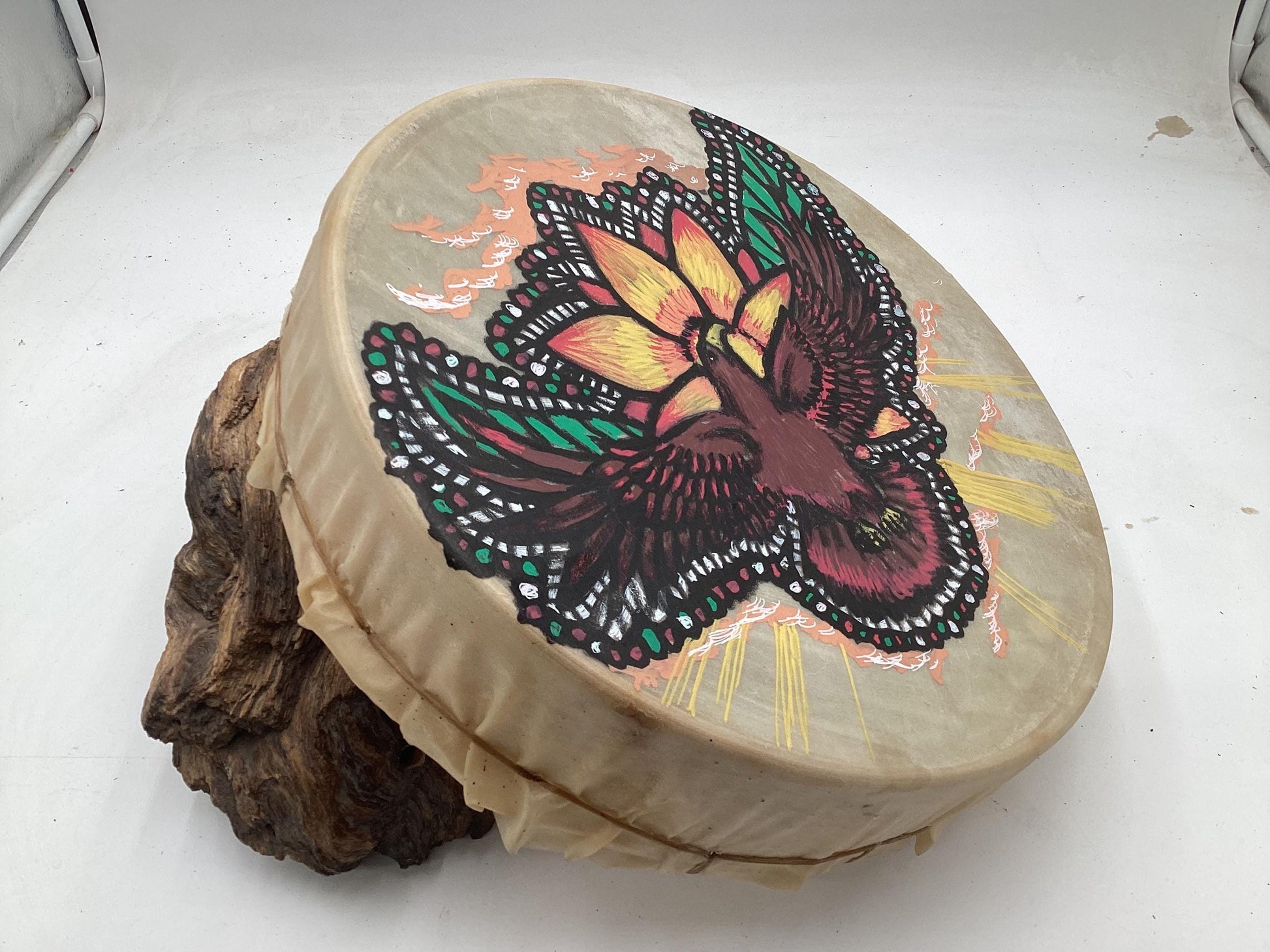 Handmade Leather Drum with Painted Eagle – Anishinaabe/Ojibwe Made
