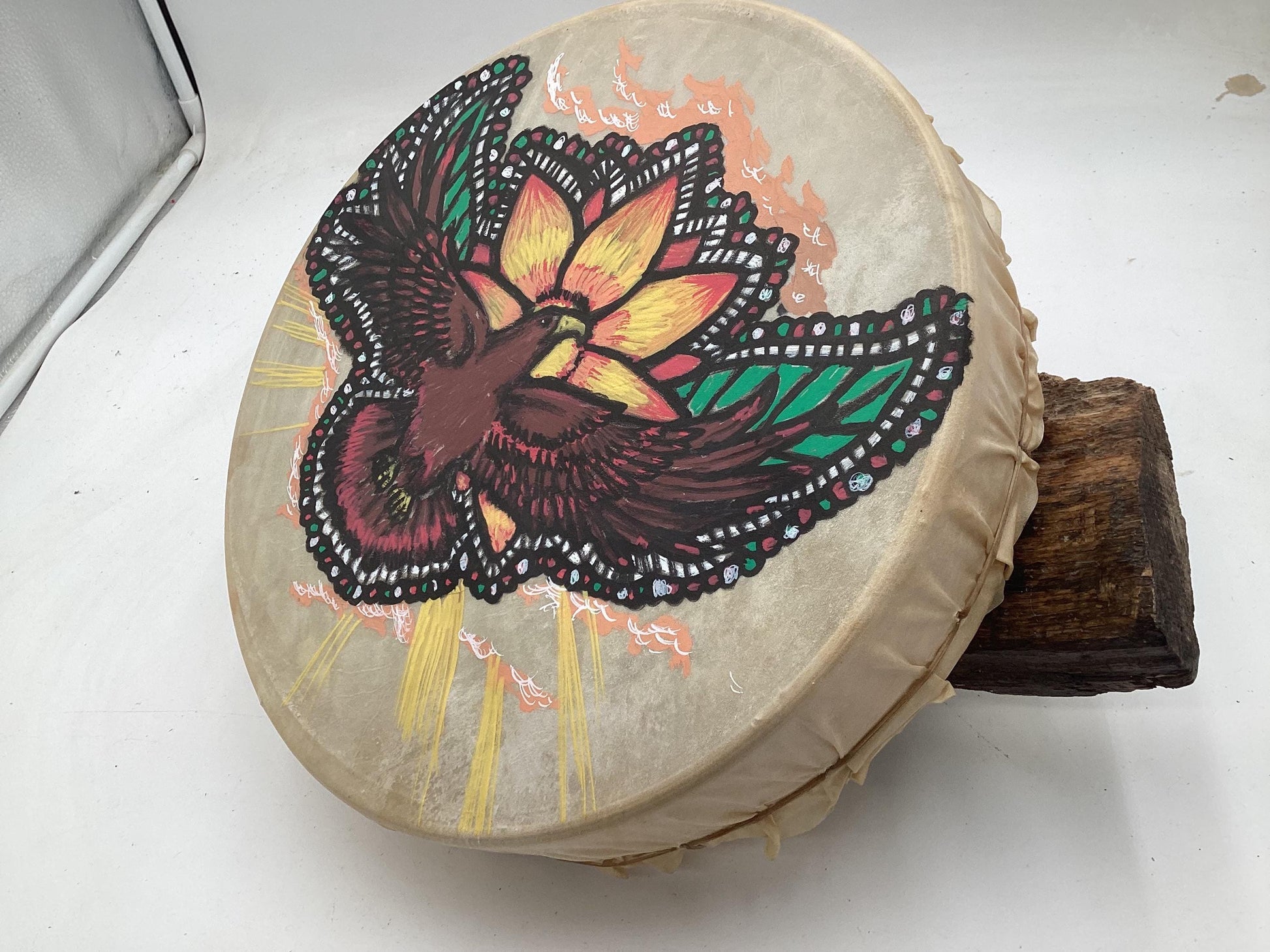 Handmade Leather Drum with Painted Eagle – Anishinaabe/Ojibwe Made