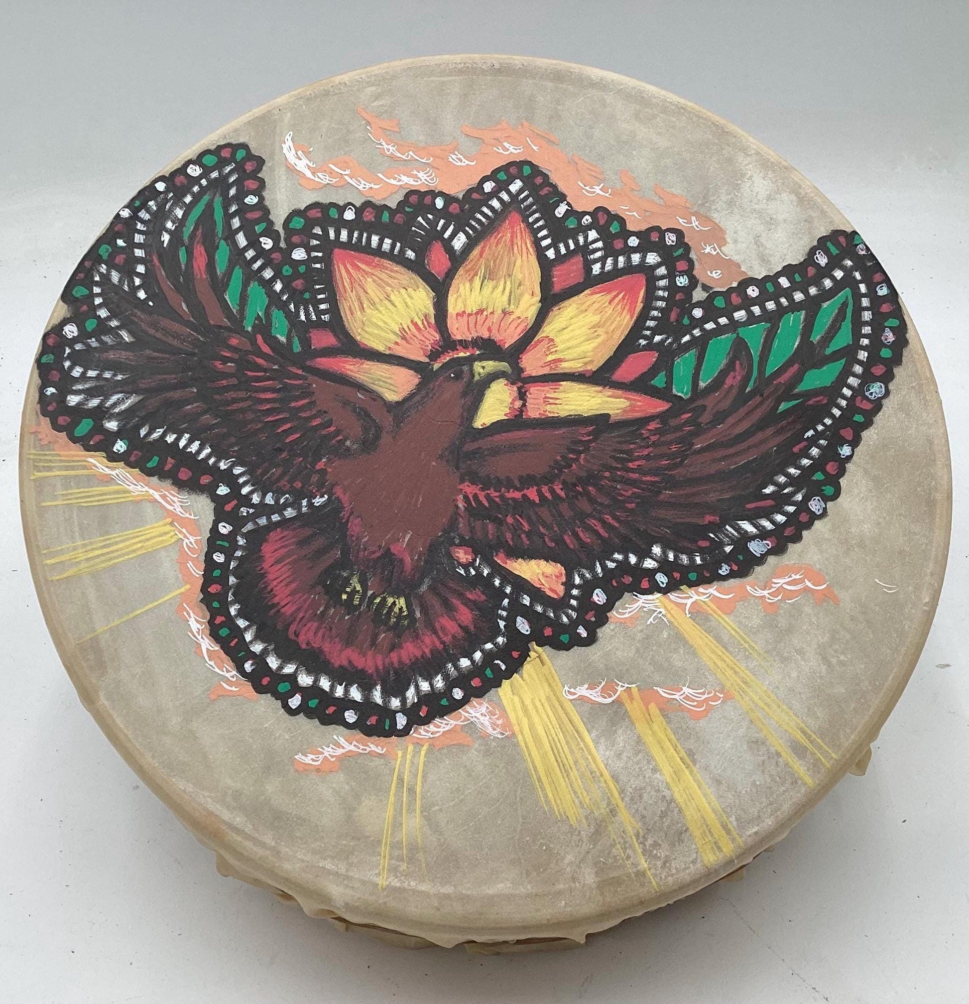 Handmade Leather Drum with Painted Eagle – Anishinaabe/Ojibwe Made