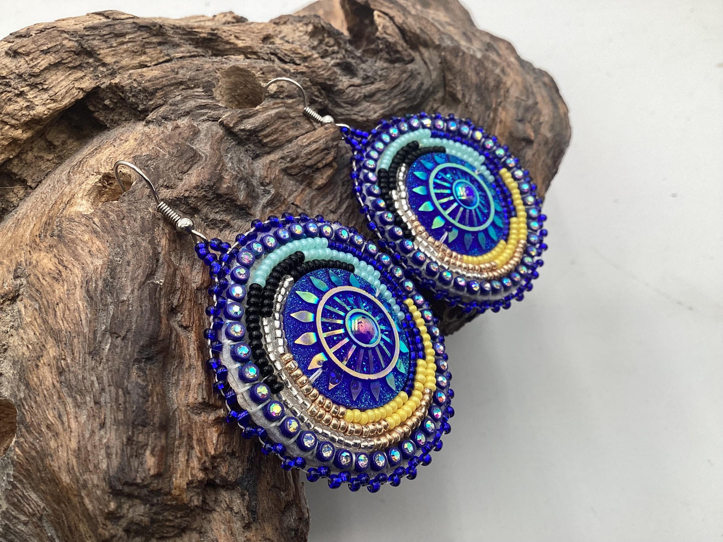 Shimmering Blue Hand Beaded Earrings- Anishinaabe/ Ojibwe Made