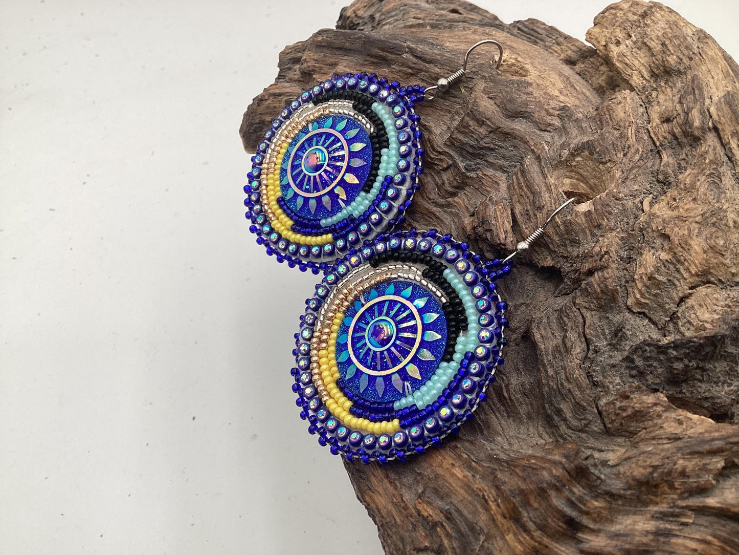 Shimmering Blue Hand Beaded Earrings- Anishinaabe/ Ojibwe Made