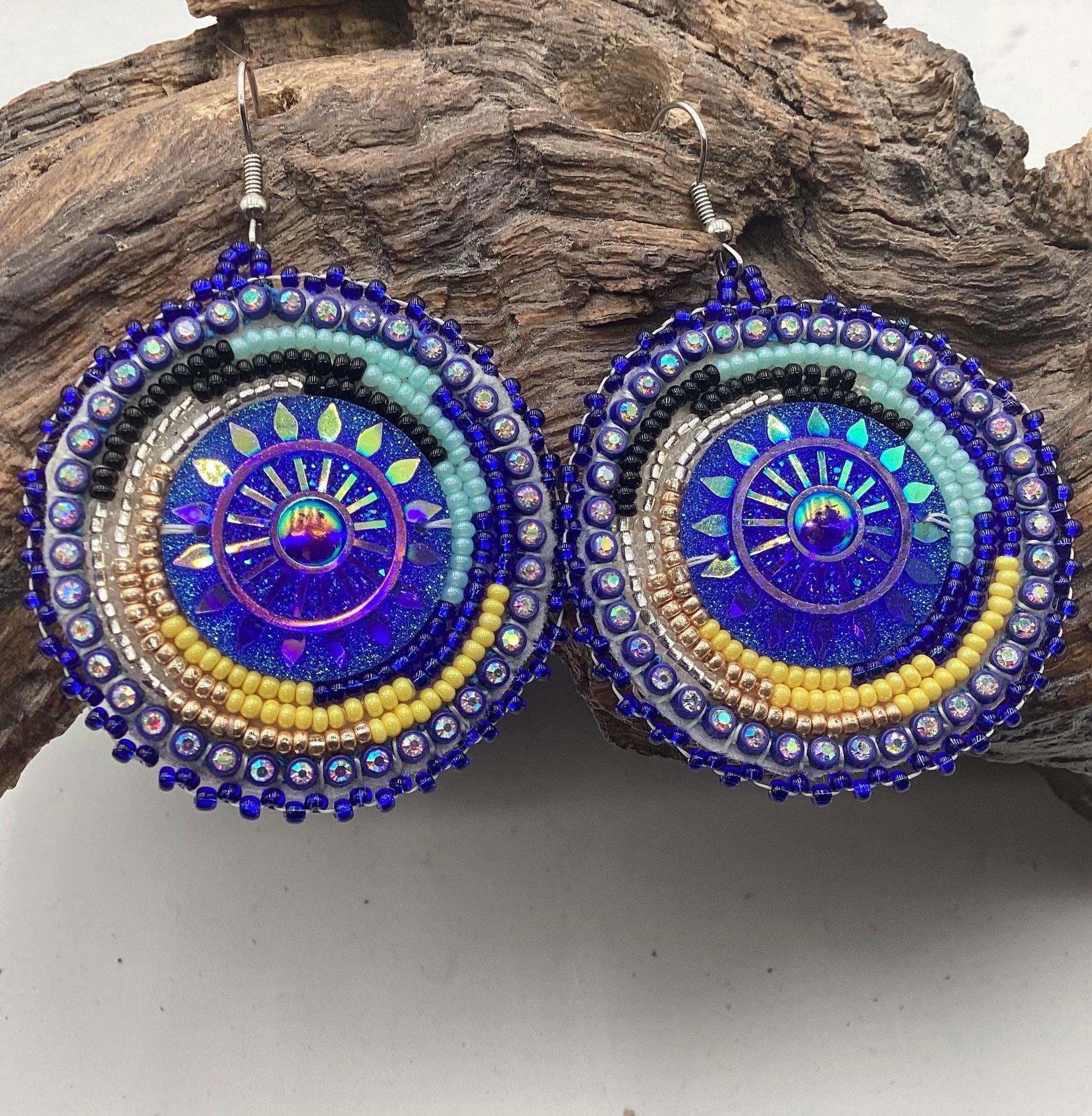 Shimmering Blue Hand Beaded Earrings- Anishinaabe/ Ojibwe Made